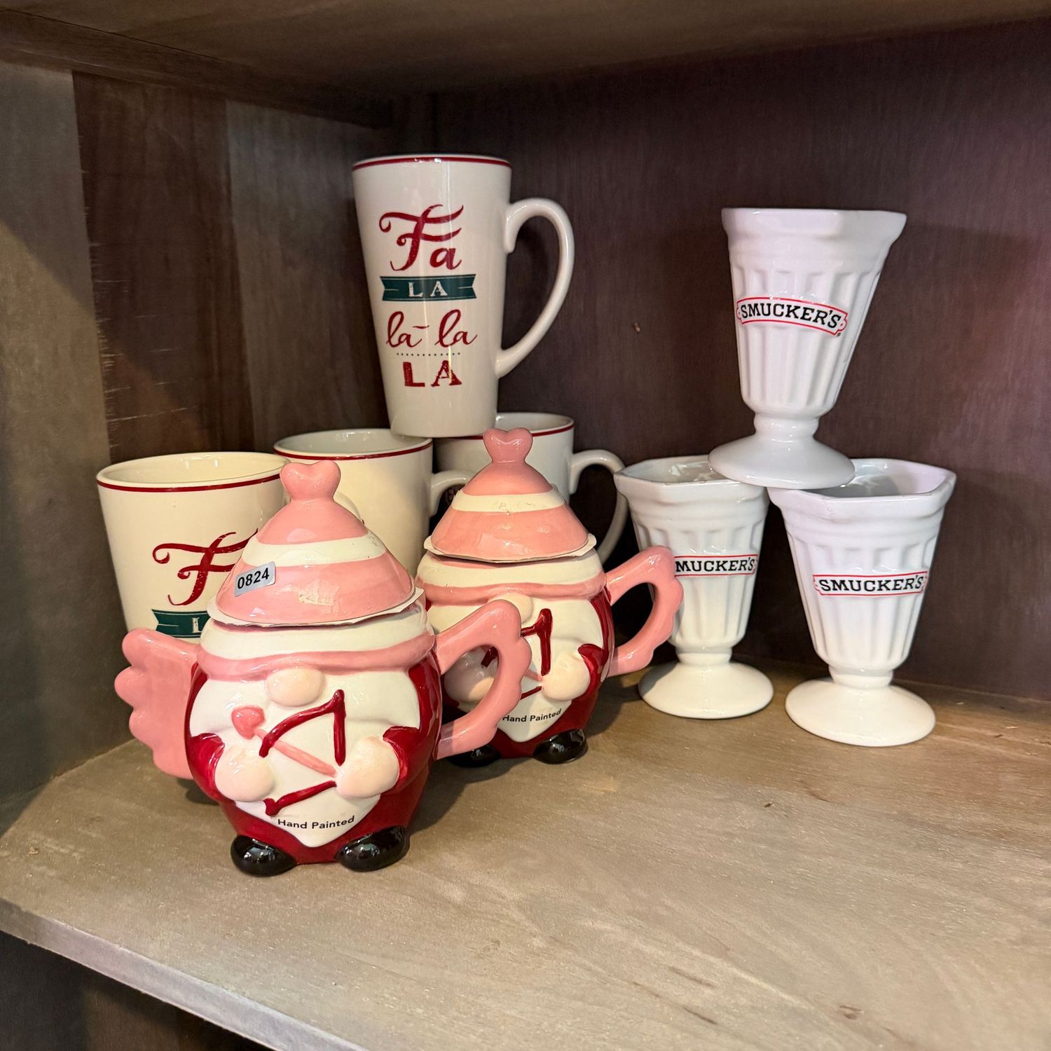 Fa La La tall mugs, gnome mugs, and Smucker's sundae cups, S0824 Fa La La tall mugs, gnome mugs, and Smucker's sundae cups, S0824