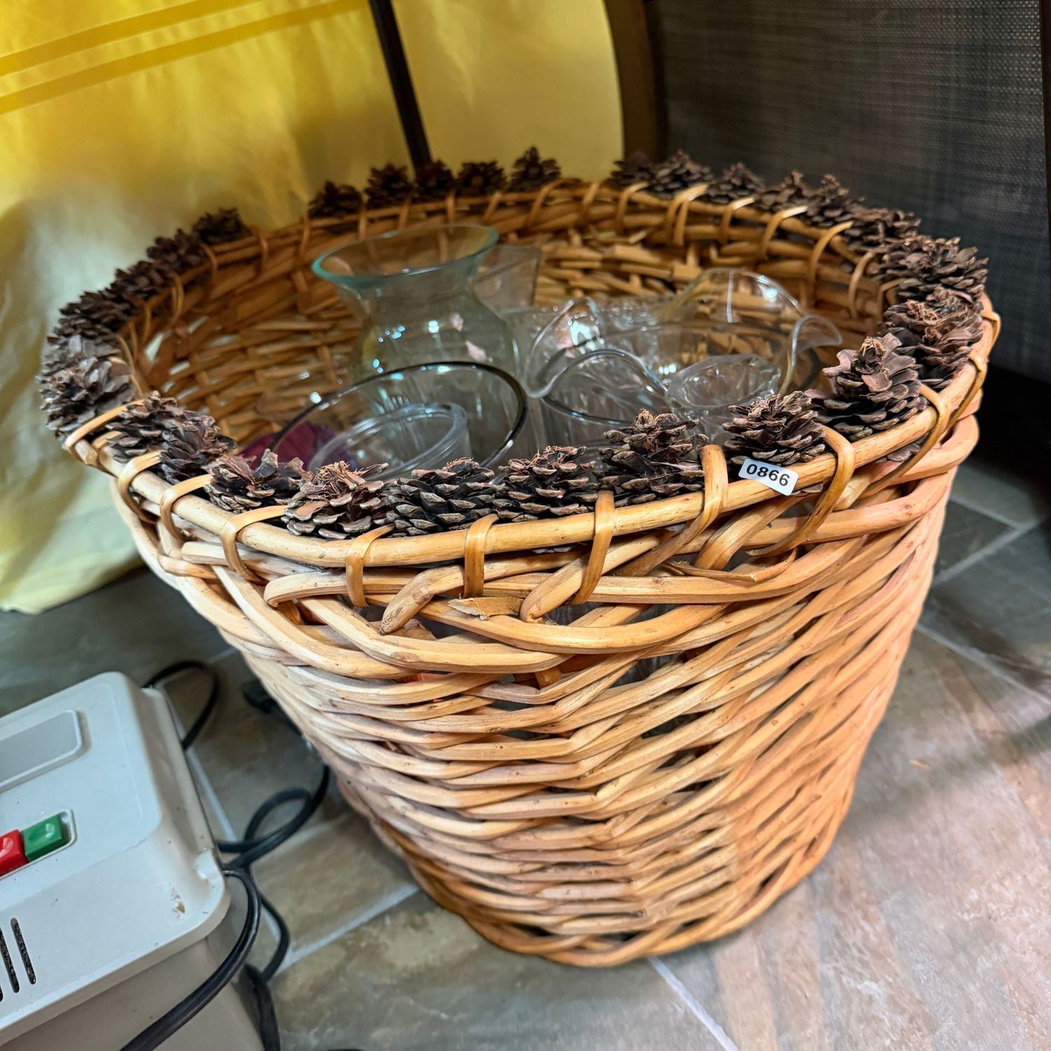Large 20"L basket filled with clear glass vases, S0866