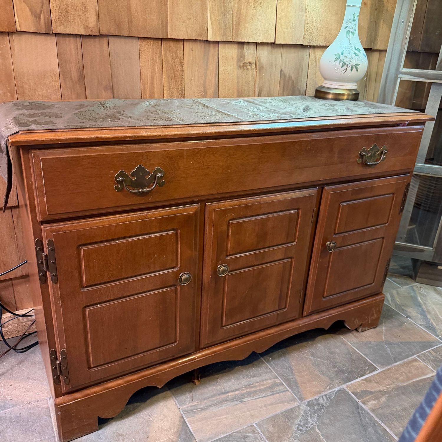 Vintage Temple Stuart Colonial server, ready for refurbishing, does have some veneer damage, scratches, approx. 31 Vintage Temple Stuart Colonial server, ready for refurbishing, does have some veneer damage, scratches, approx. 31"H x 48"L x 18"D