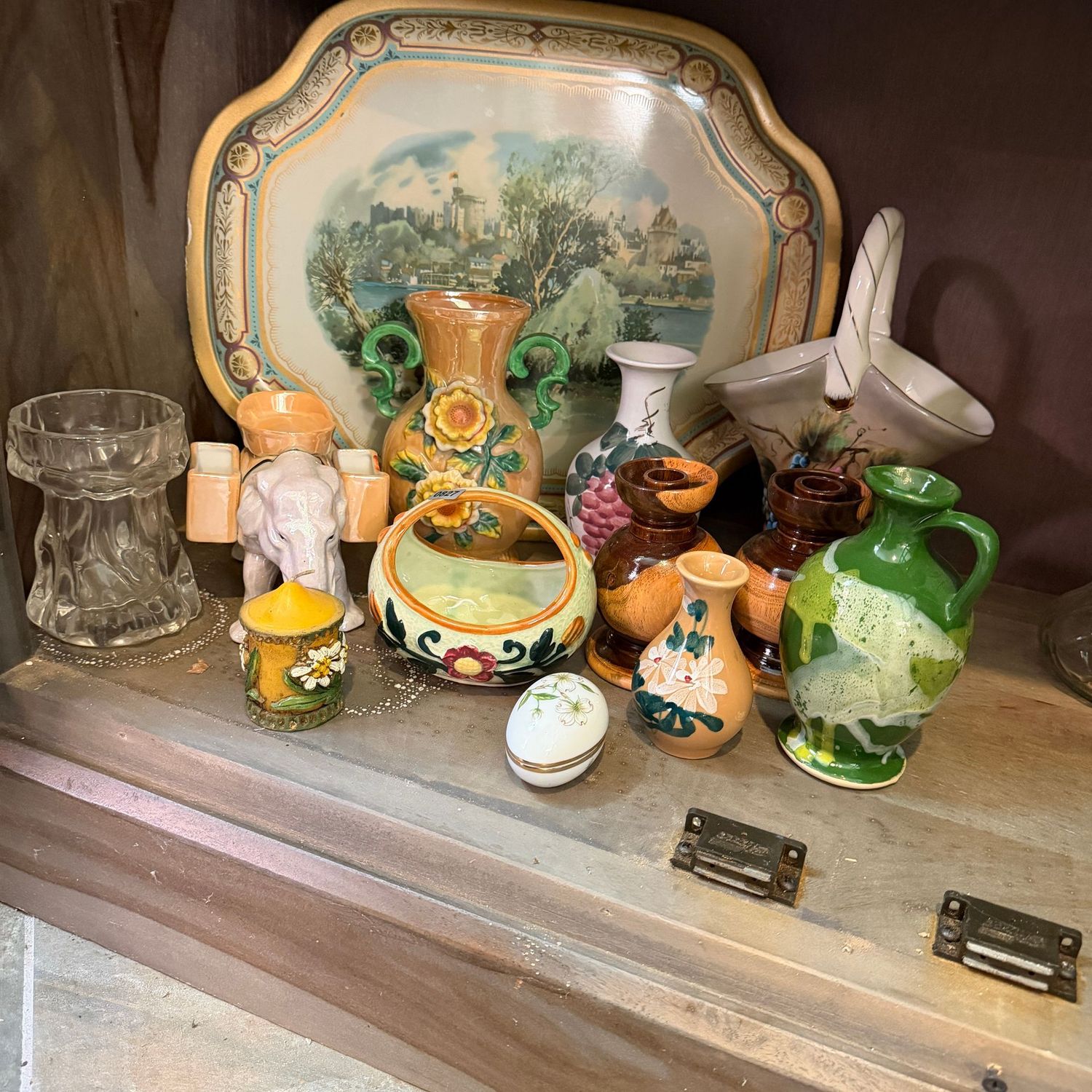 Decorative grouping of 16 Decorative grouping of 16"W metal tray, candle, vases, wooden candlesticks, S0827