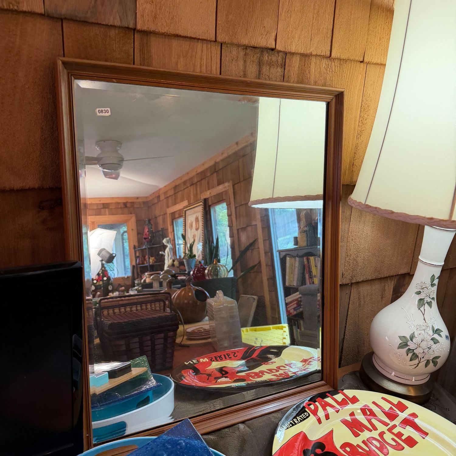 Beveled mirror with wood frame, nice condition, heavy, 24 Beveled mirror with wood frame, nice condition, heavy, 24" x 21", S0830