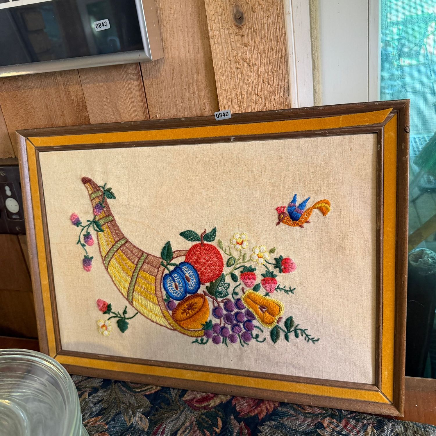 Vintage needlepoint cornucopia in frame, the fabric may need some cleaning & re-framing, 14" x 20", S0840
