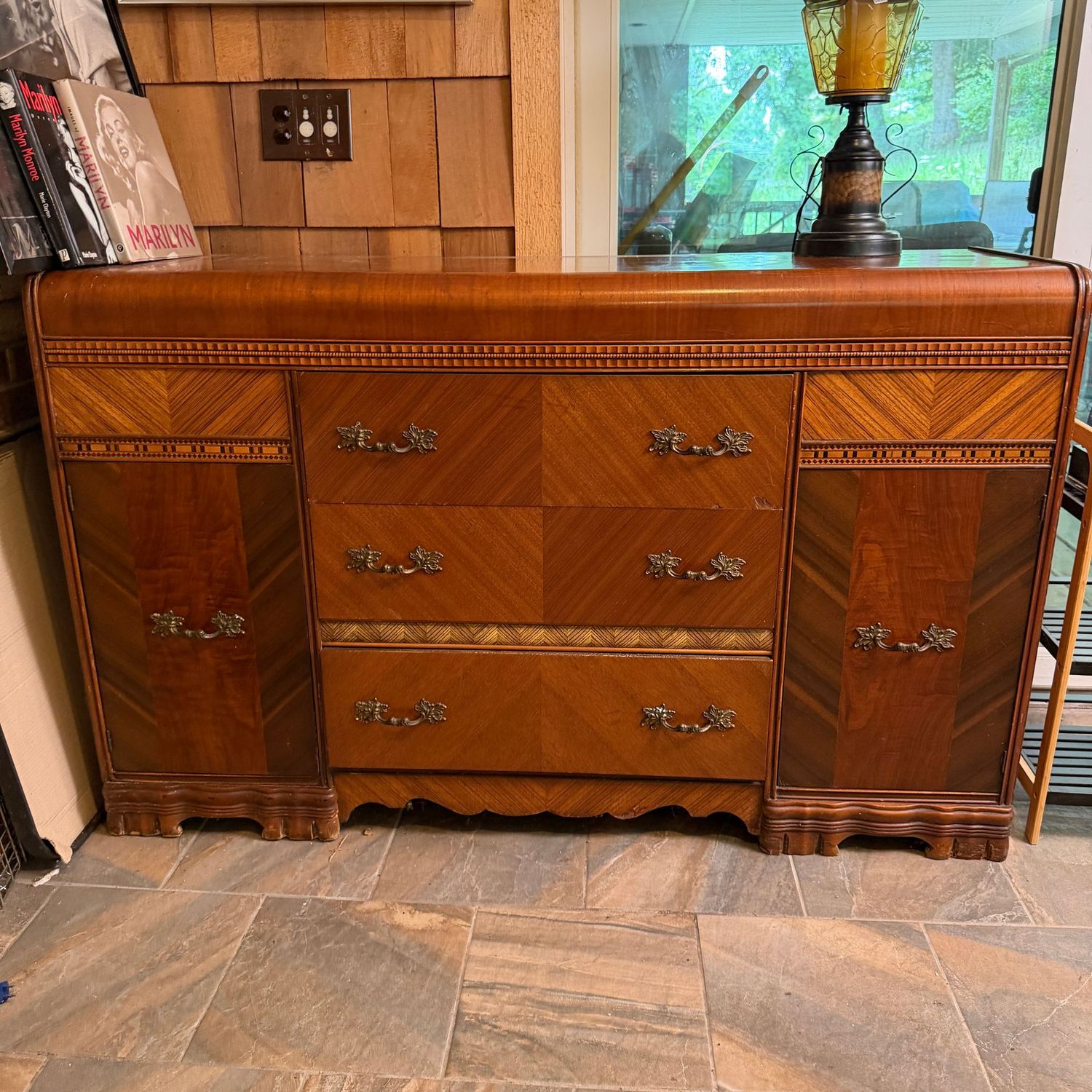 Vintage Deco-style server, buffet with waterfall design, minor scratches, some minor veneer loss overall, more loss on lower sides, 36 Vintage Deco-style server, buffet with waterfall design, minor scratches, some minor veneer loss overall, more loss on lower sides, 36"H x 60"W