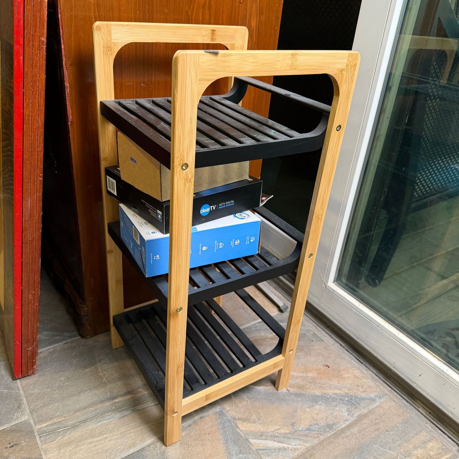 Wooden 3-tier stand with black shelves, 27"H x 10"W x 12"D, S0833