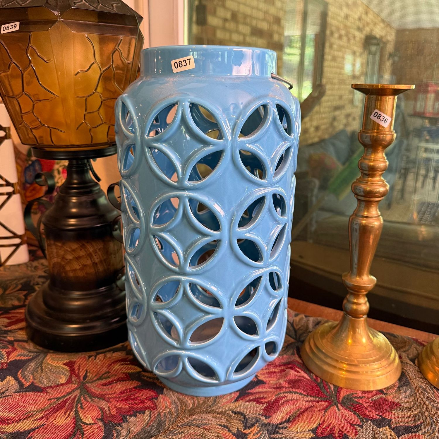 Tall sky blue ceramic luminary, 13 Tall sky blue ceramic luminary, 13"H, S0837