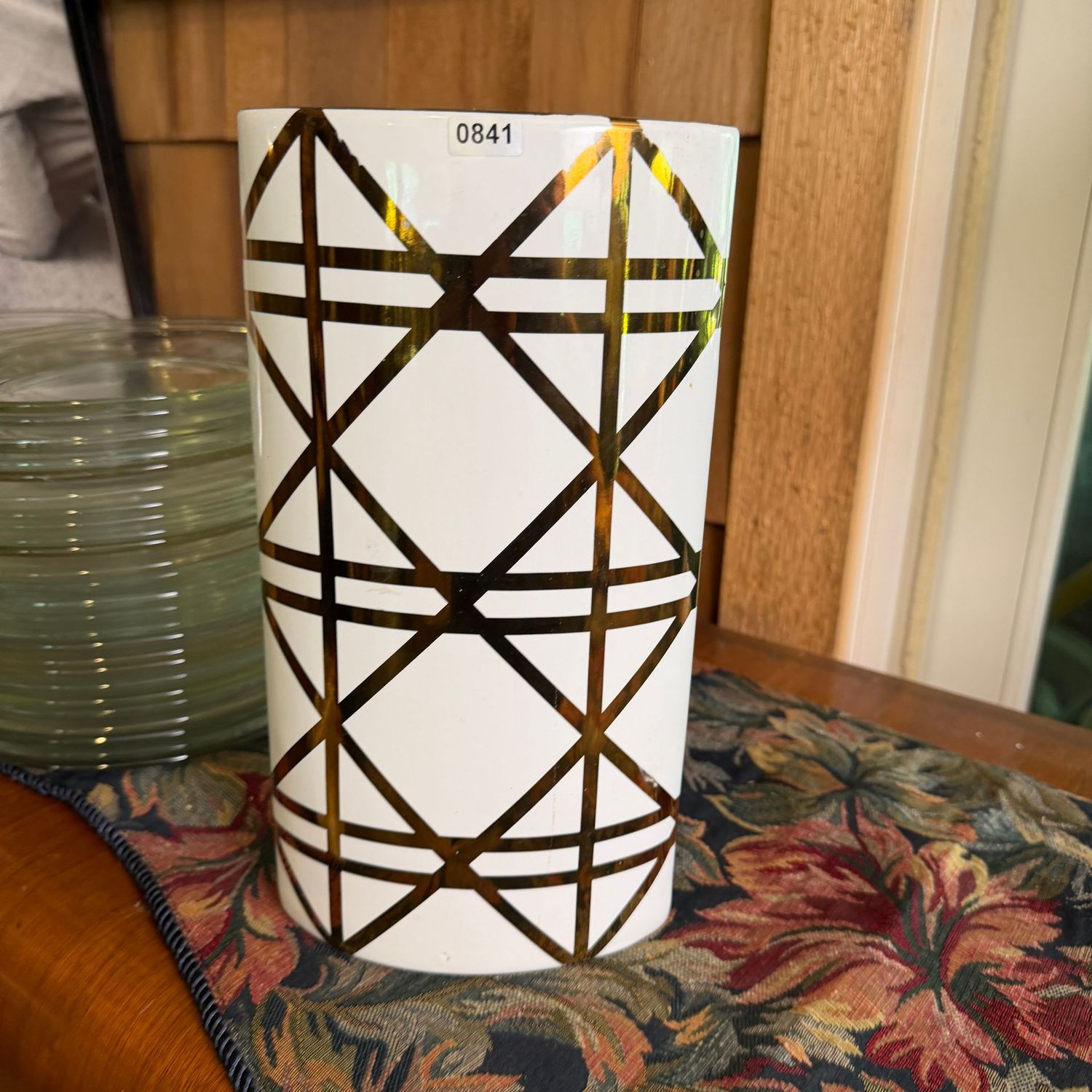 Gold and ivory ceramic oval vase, 11.8"H x 6"W, S0841