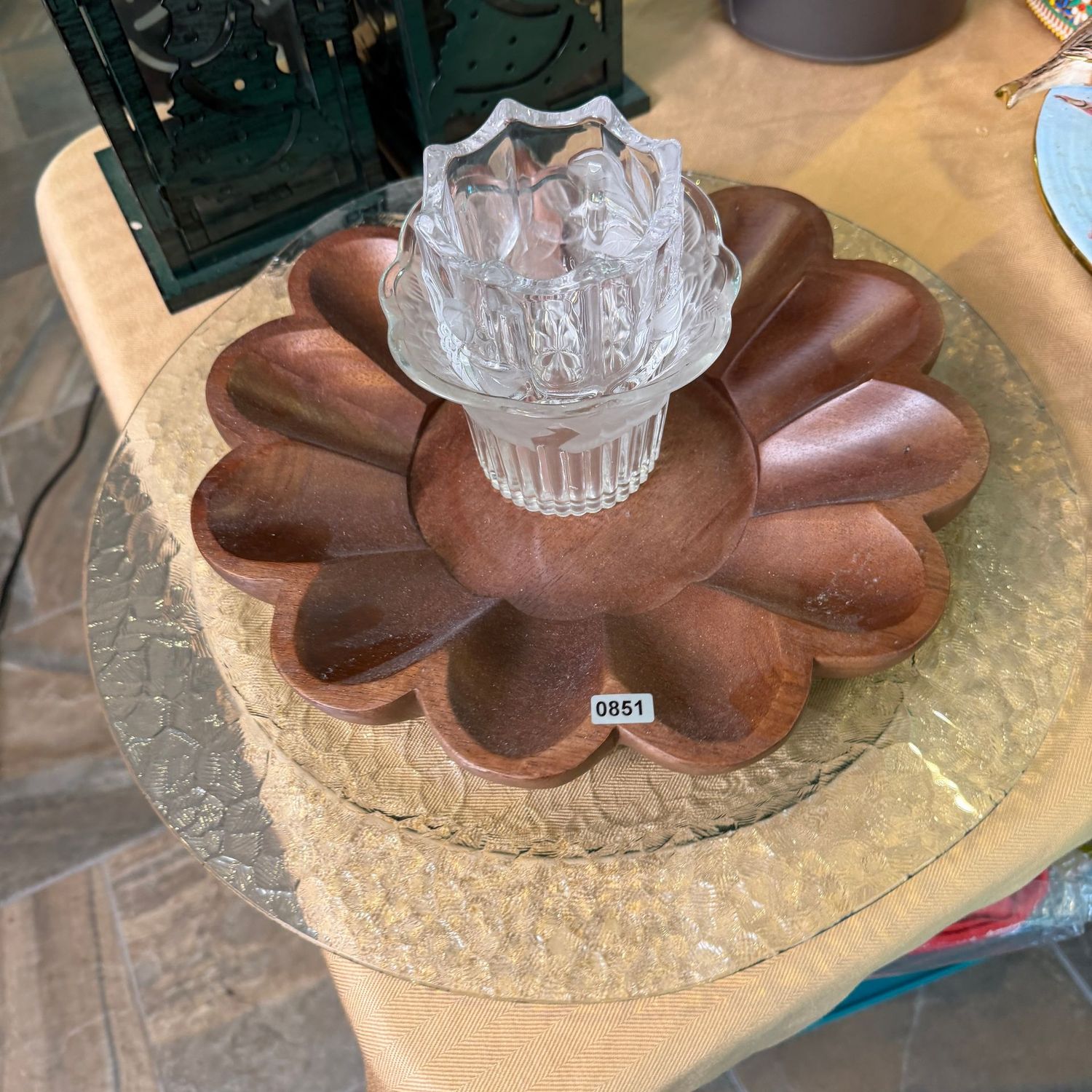 Two crystal votive cups, scalloped wooden dish, and 16" glass platter, S0851
