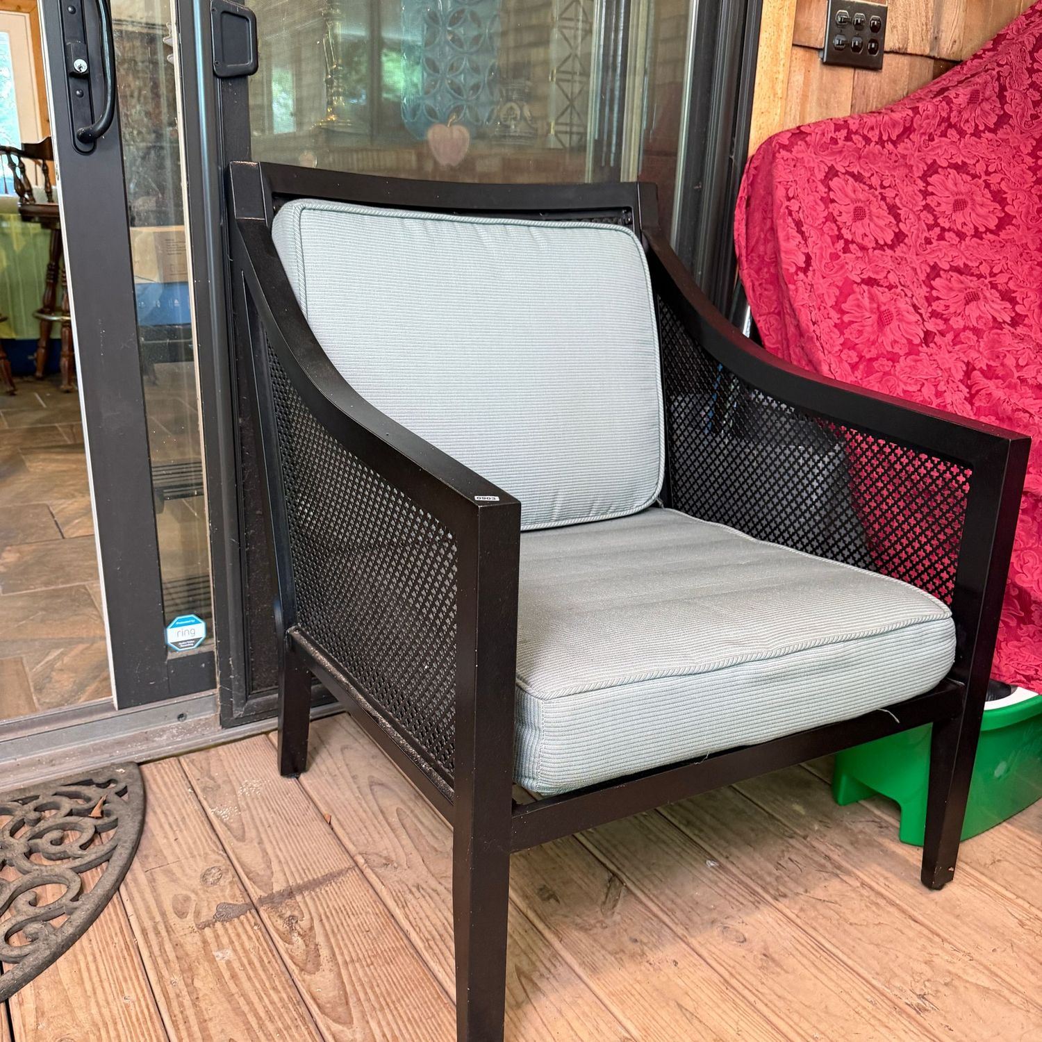 Black metal patio chair, blue-grey cushions (plus tan cushions that need some cleaning), chair in nice condition, 35 Black metal patio chair, blue-grey cushions (plus tan cushions that need some cleaning), chair in nice condition, 35"H x 27"W, S0903