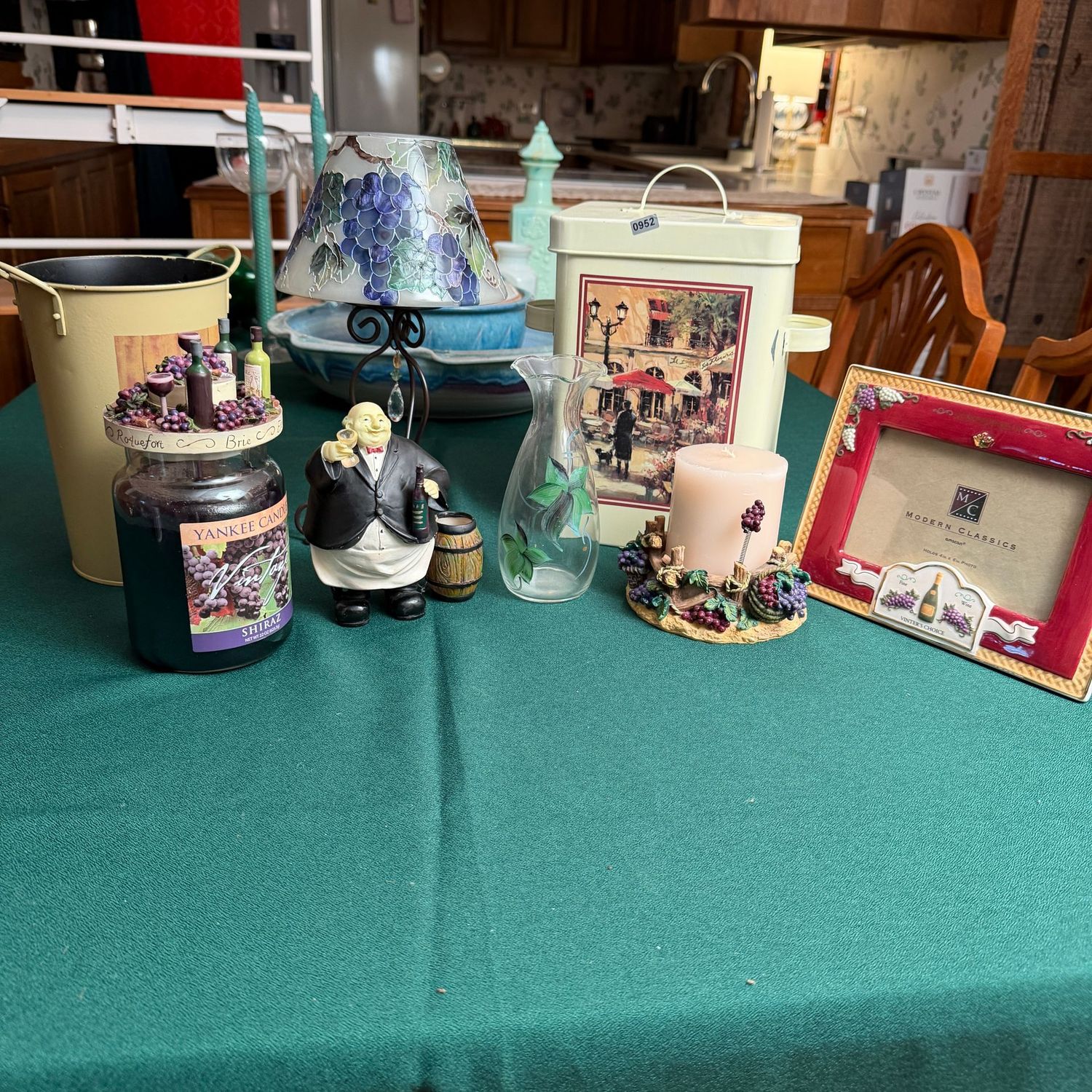 All about grapes grouping with frame, candles, resin waiter, vase, 10 All about grapes grouping with frame, candles, resin waiter, vase, 10"H canister, bucket, and tealite lamp, S0952