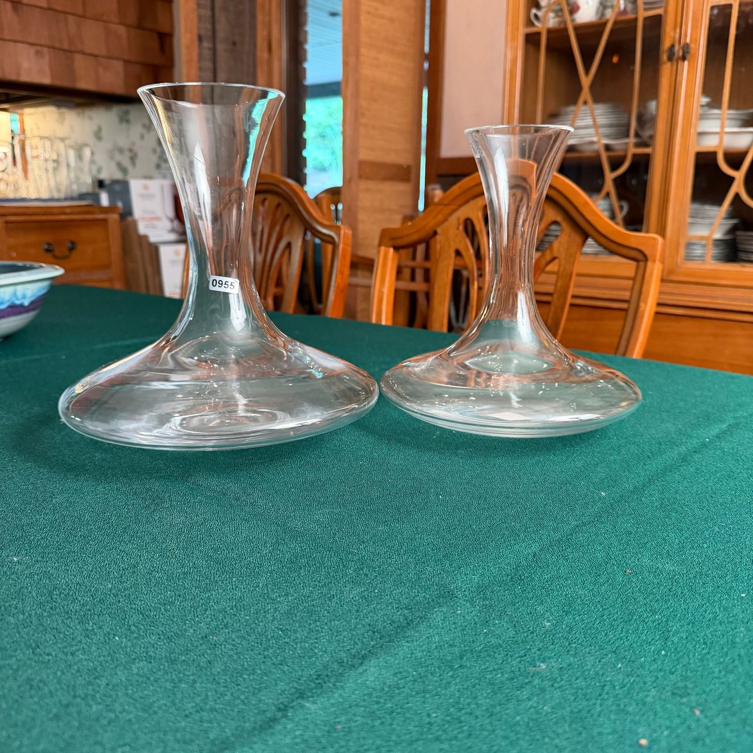 Two crystal wine decanters with ultra-wide base, the tallest is 12", S0955