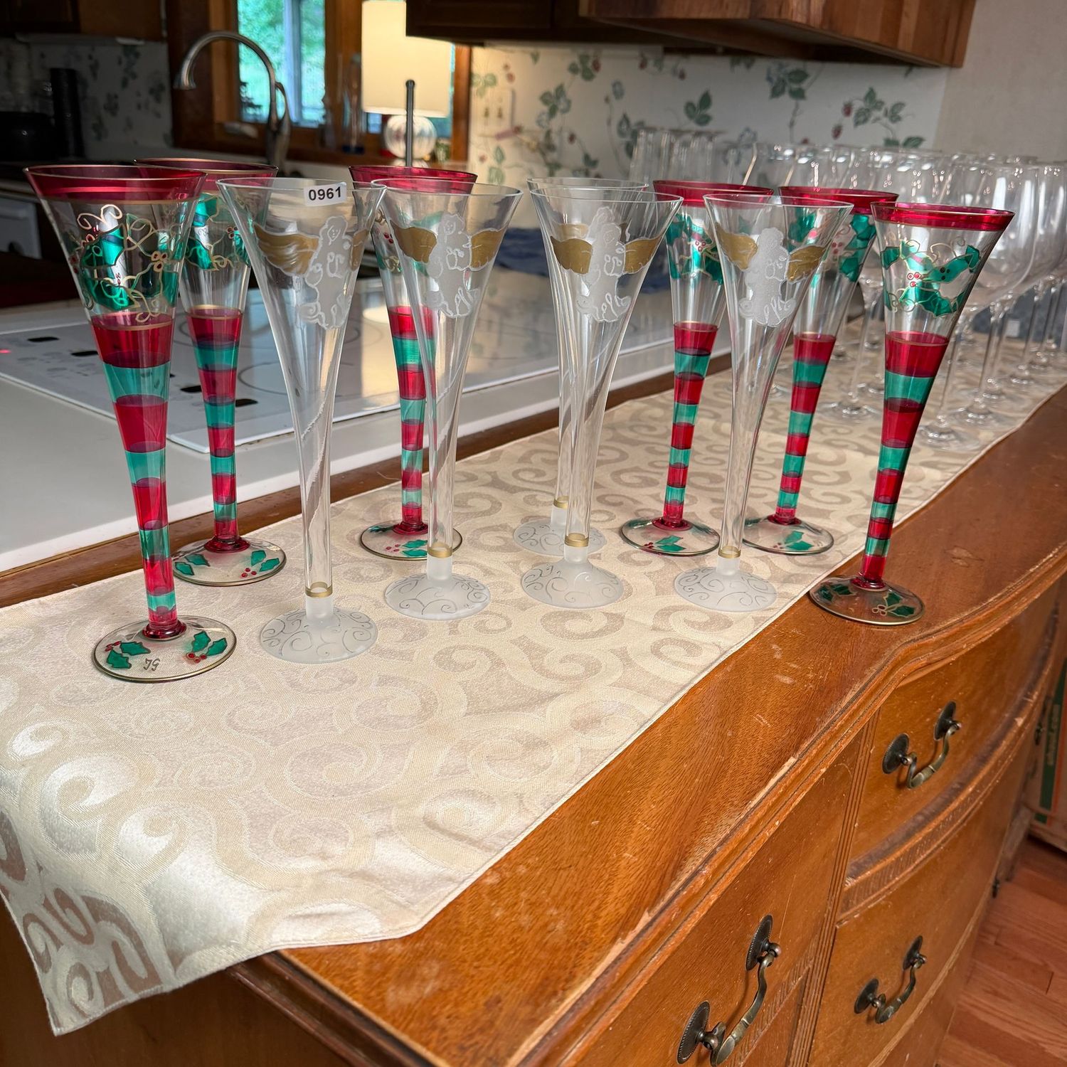 Group of Christmas Holiday trumpet champagne flutes, striped wreaths, and frosted angels, S0961 Group of Christmas Holiday trumpet champagne flutes, striped wreaths, and frosted angels, S0961