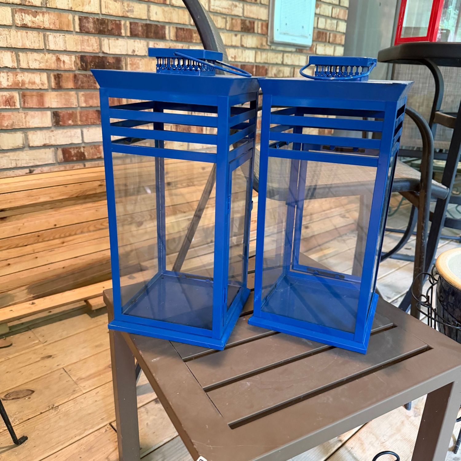 Pair of large bright blue metal lanterns, for battery-operated candles, 16"H x 8"WS0912