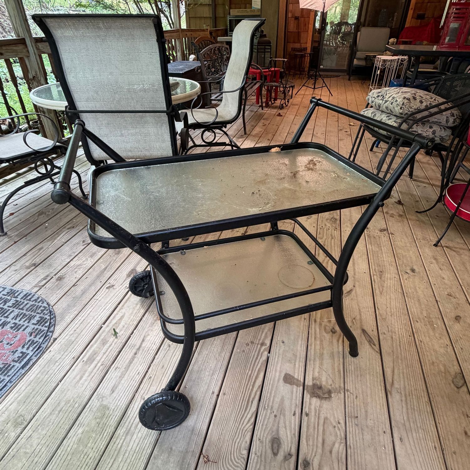 Patio rolling cart, 2-tier, some wear, shelves need a light cleaning, 33"H x 35"L x 22"W, rolls easily, S0927