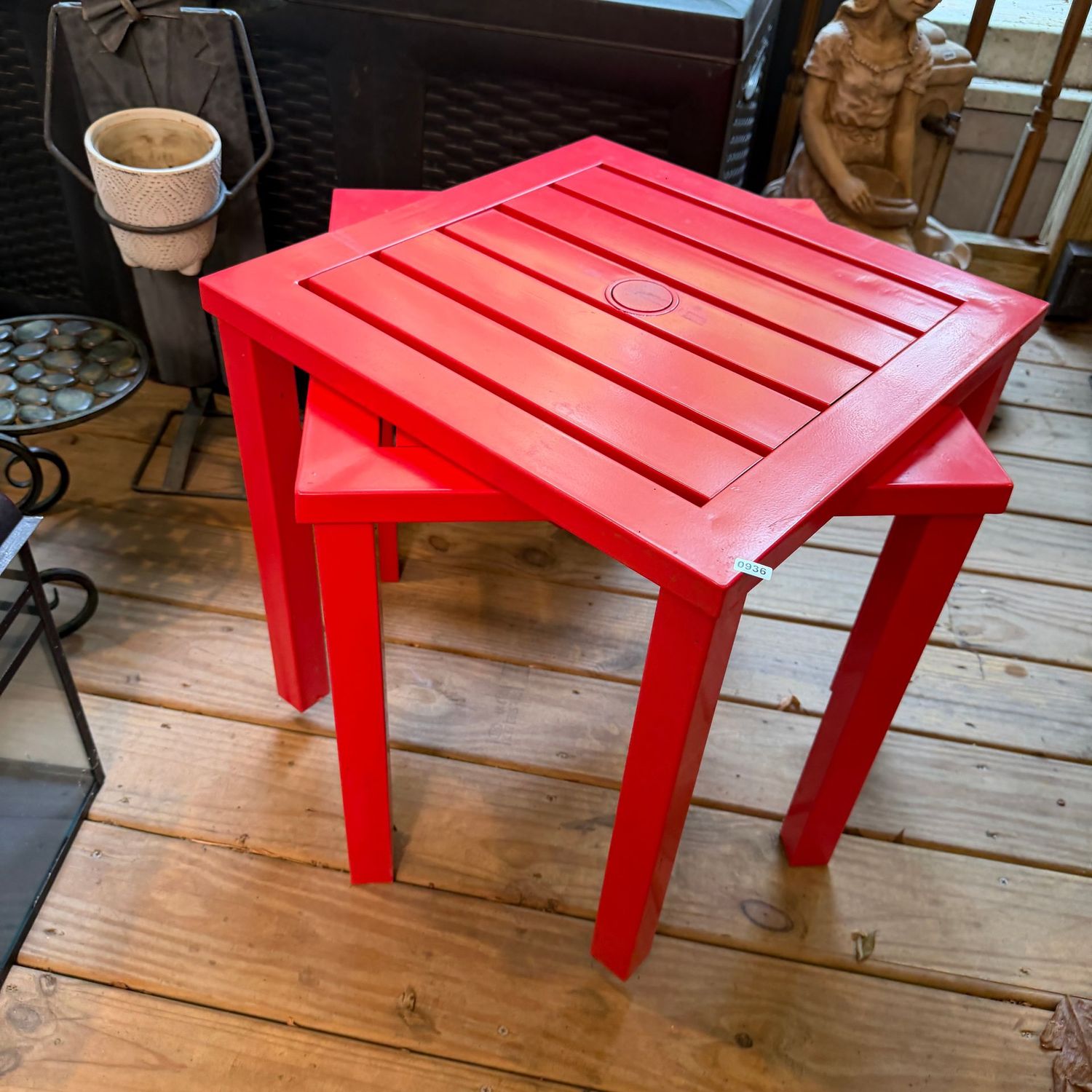 Pair of sturdy scarlet red tubular metal side tables, 18 Pair of sturdy scarlet red tubular metal side tables, 18"H x 17"W, S0936