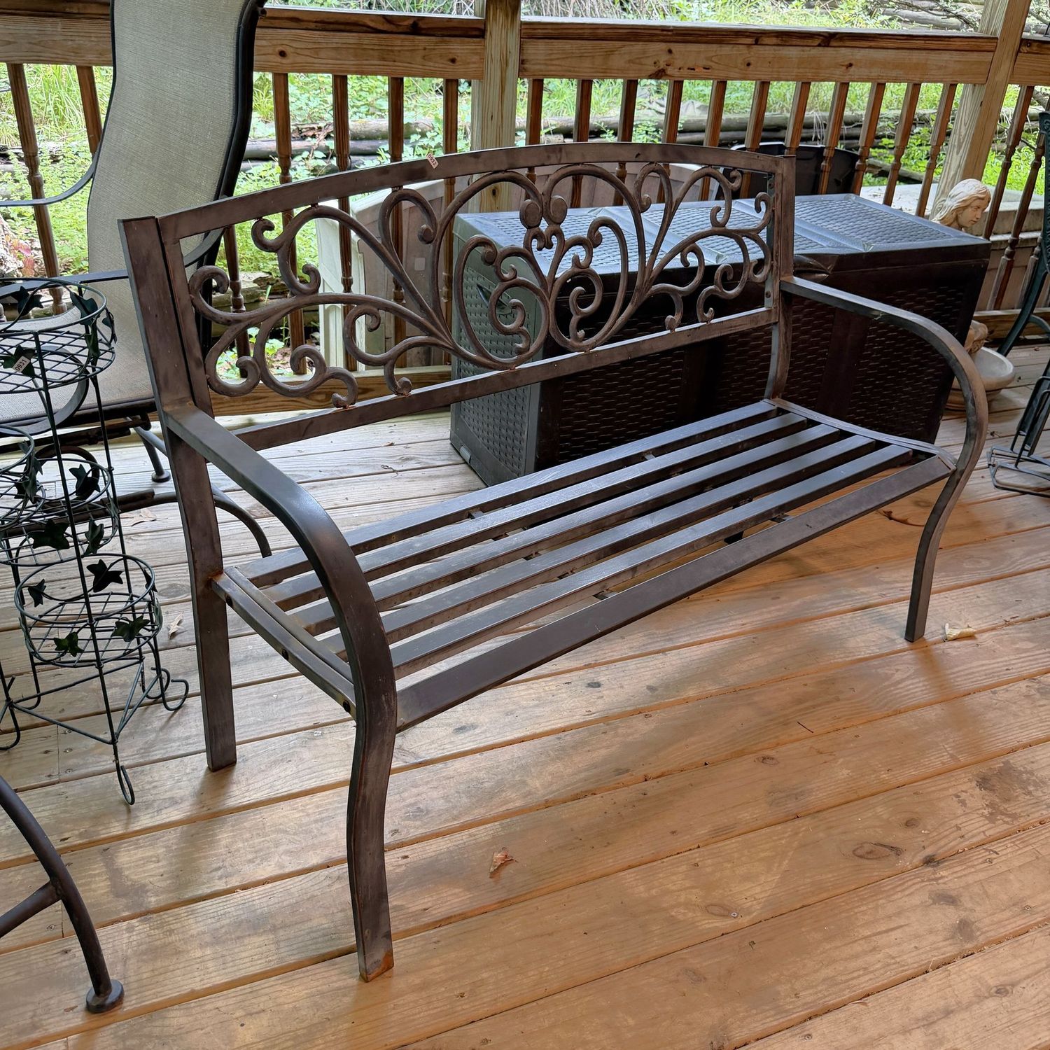 Metal patio bench with scrolling back, minimal oxidation, does show some fading, is heavy, 32 Metal patio bench with scrolling back, minimal oxidation, does show some fading, is heavy, 32"H x 18"D x 50"L, S0932