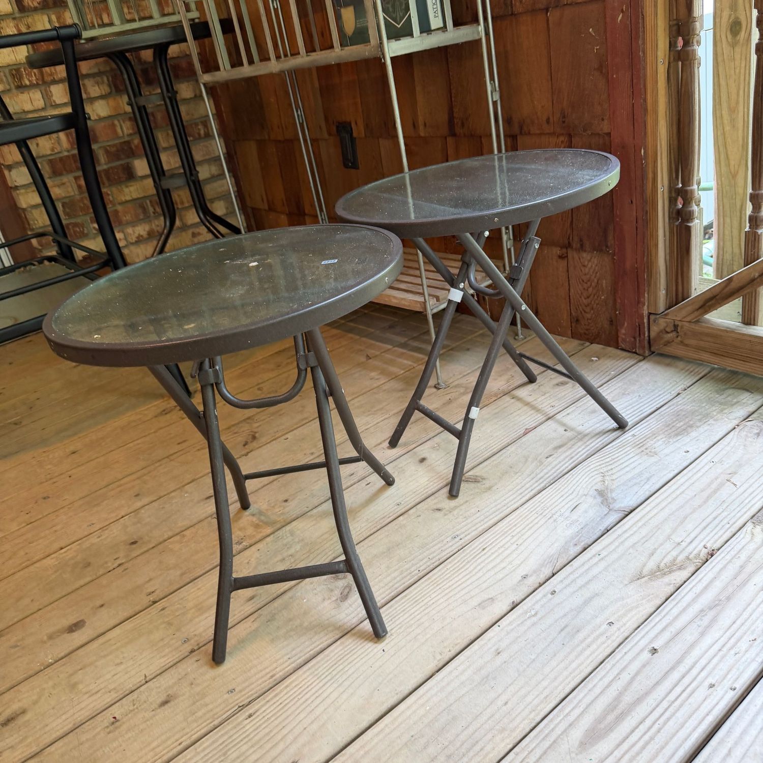 Pair of dark brown fold-down patio tables, nice condition, 19 Pair of dark brown fold-down patio tables, nice condition, 19"H x 18"W, S0925