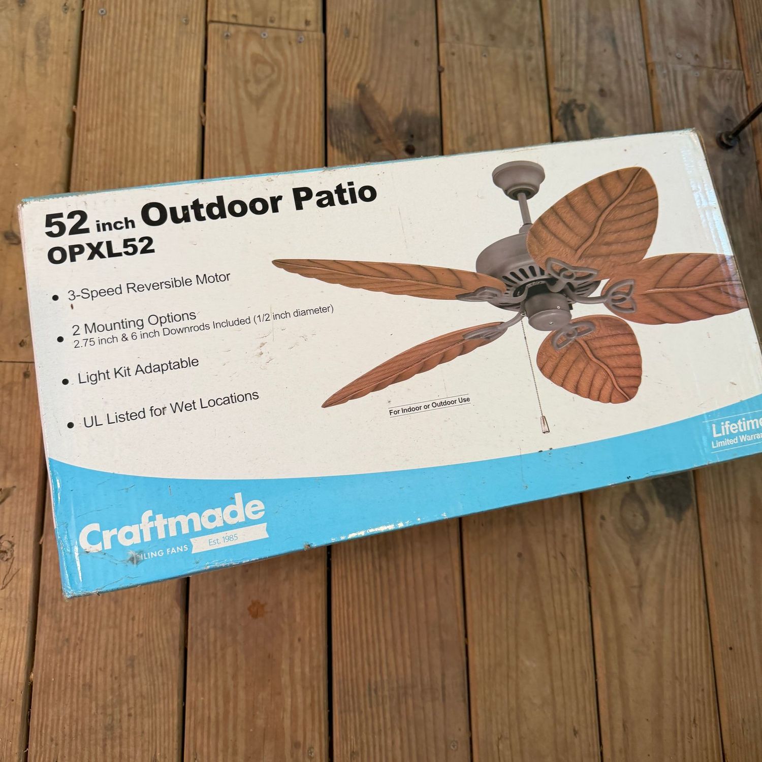 Outdoor patio fan in box, palm leaf design blades, 52 Outdoor patio fan in box, palm leaf design blades, 52"