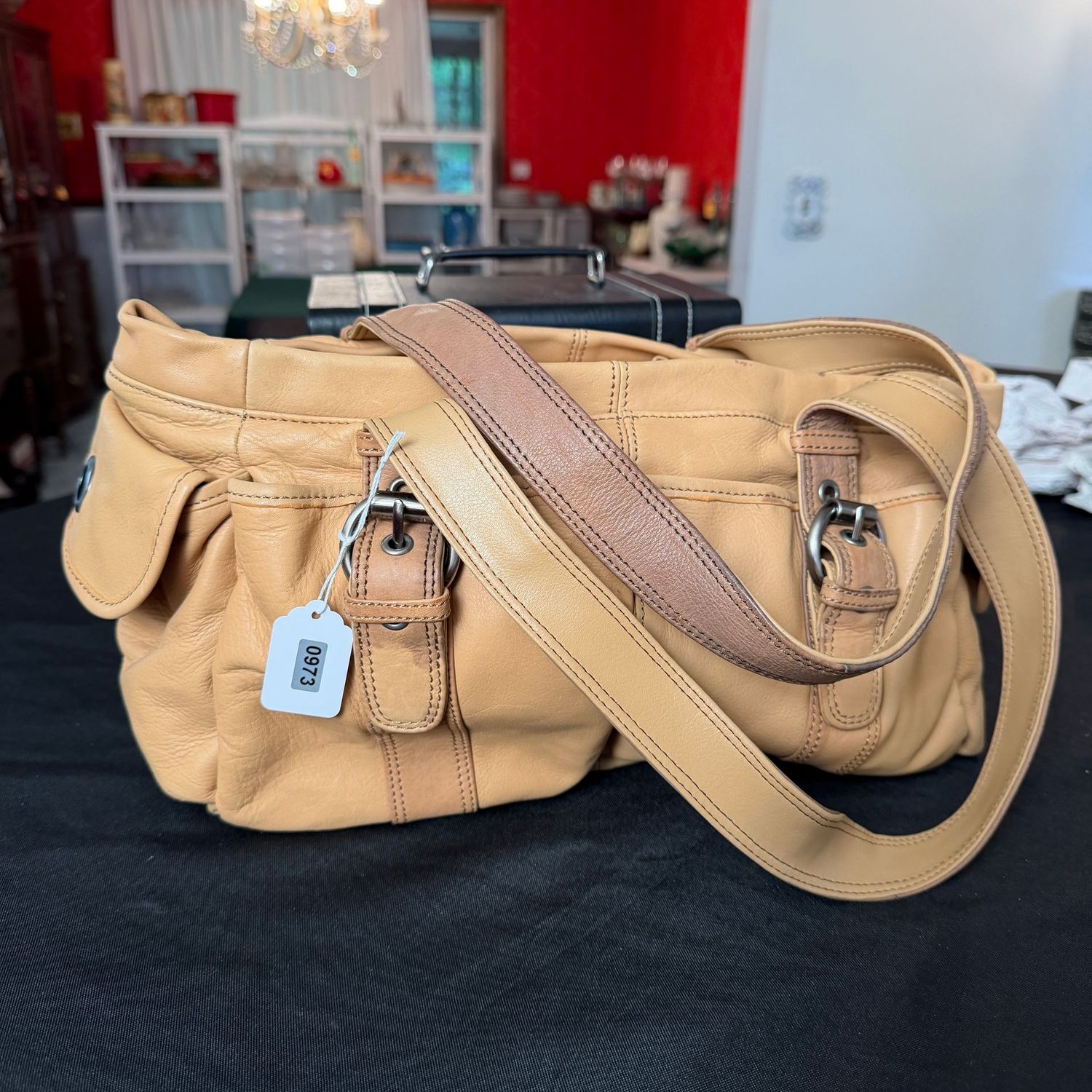 Tan Kenneth Cole Reaction leather purse, minor spots on outside, 14" x 7", S0973