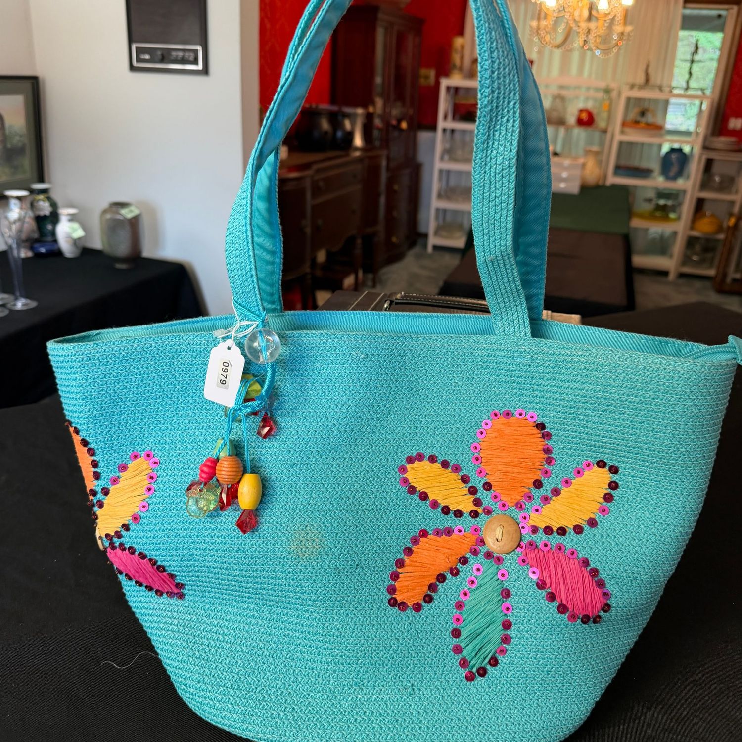 Bright blue Coldwater Creek floral tote purse, minor spots on exterior, 9" x 15", S0979