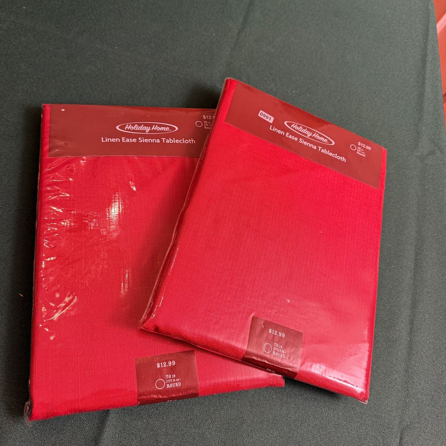 Two, Holiday Home red linen ease sienna tablecloths in package, 70 Two, Holiday Home red linen ease sienna tablecloths in package, 70" round, S0991
