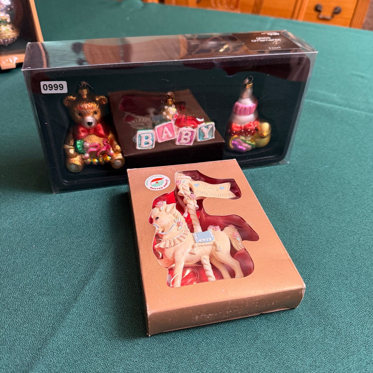 Boxed baby Christmas ornaments, glass and resin, S0999