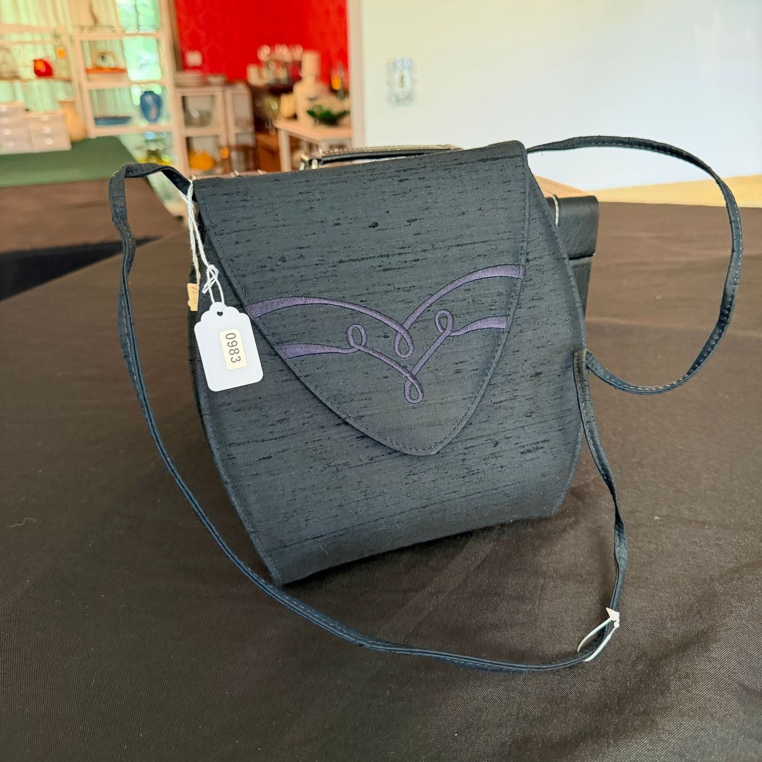 Black linen slender crossbody purse, 7 Black linen slender crossbody purse, 7" x 9", S0983
