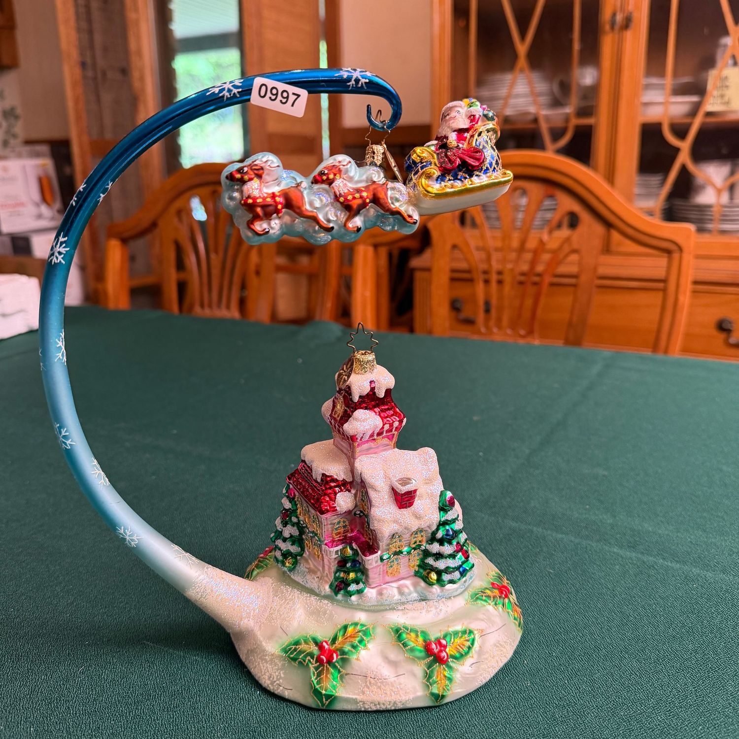 Christopher Radko glass Midnight Magic Santa in Sleigh with house stand, 9 Christopher Radko glass Midnight Magic Santa in Sleigh with house stand, 9"H, S0997