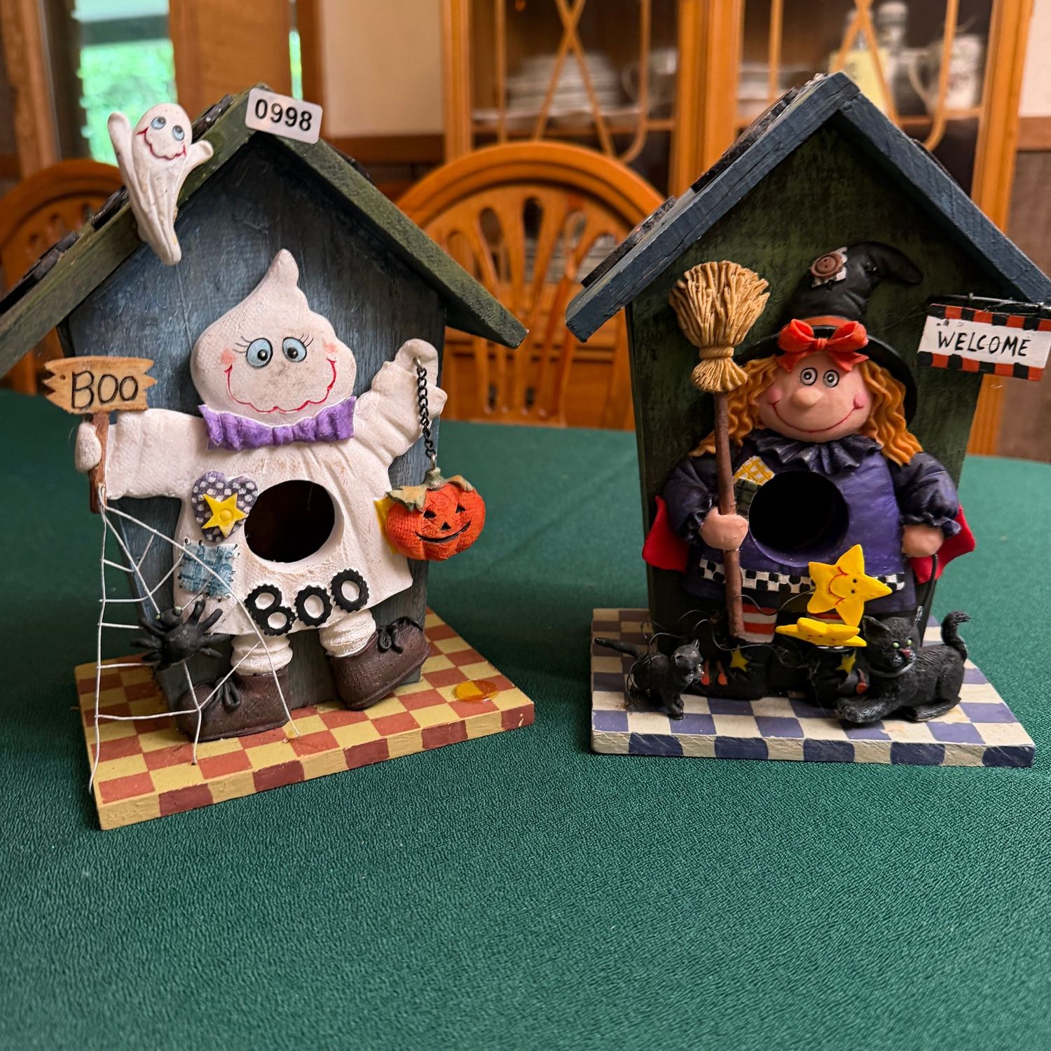 Pair of wooden Halloween house decorations, witch and ghost, 7"H, S0998