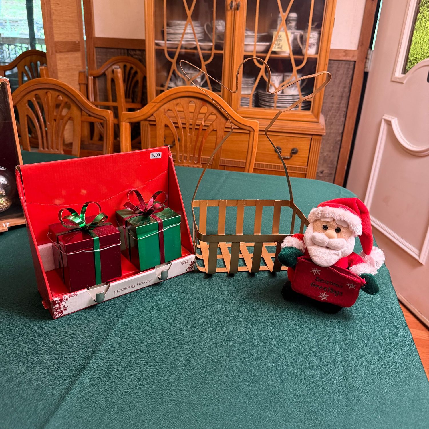 Small plush Santa, 14" metal angel basket, pair of gift box stocking hangers, S1000