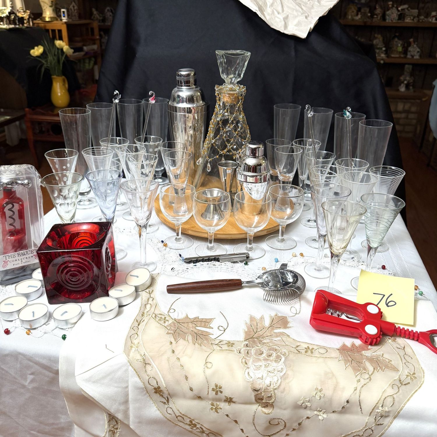 Box Lot (wrapped) 76, Classy cordials, small stemware, decanter, shakers, bottle openers, wooden lazy Susan, ruby glass votive holder