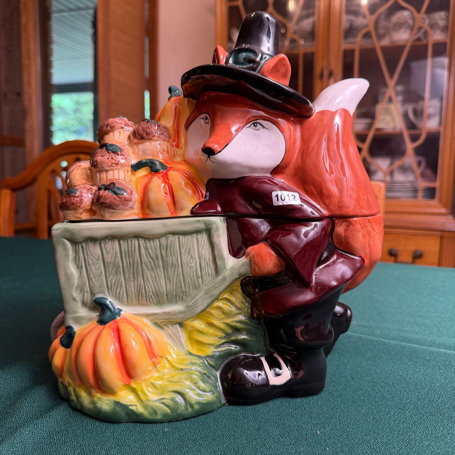 Blue Sky red fox with fall harvest cart cookie jar, 11 Blue Sky red fox with fall harvest cart cookie jar, 11"H, S1012