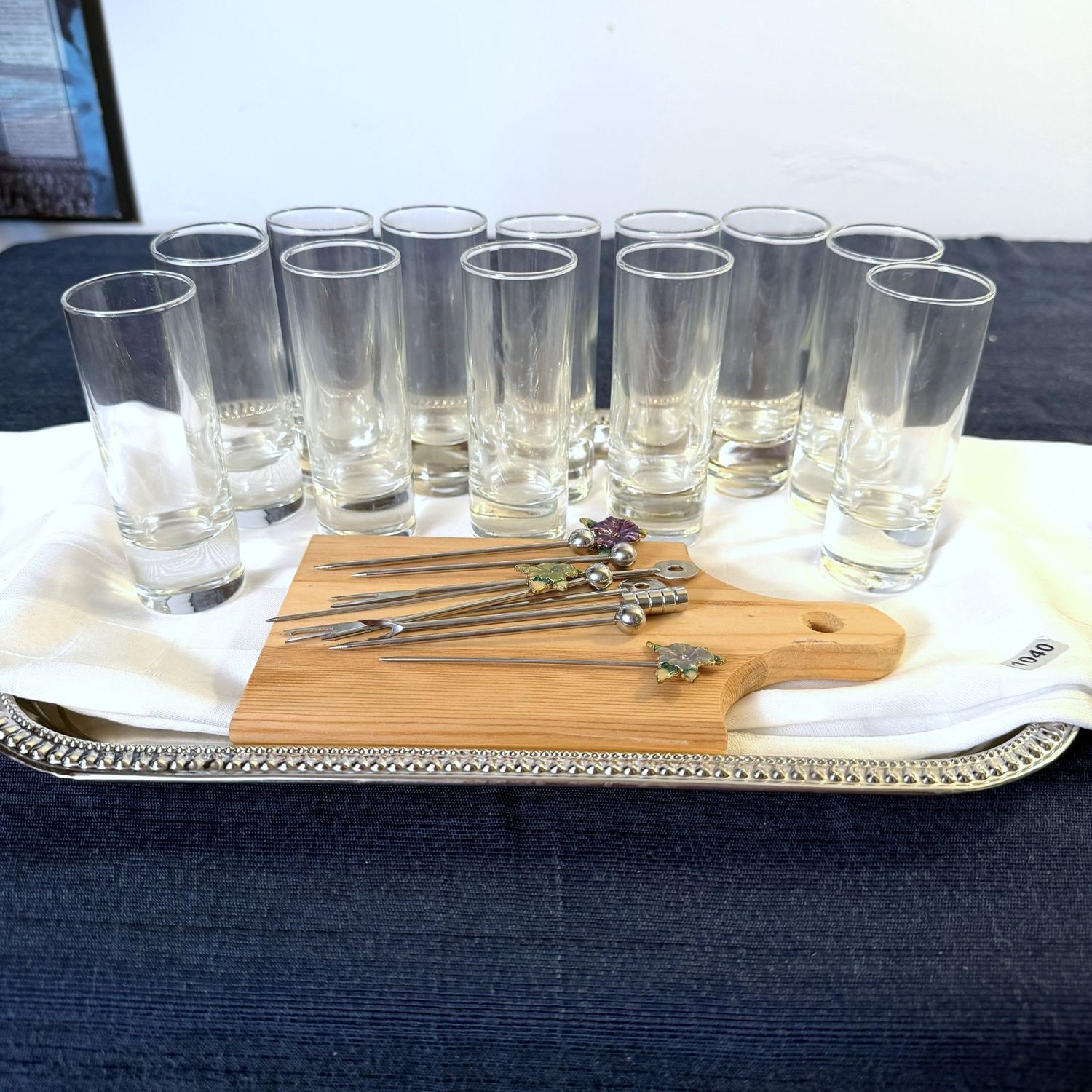 Stall, slender shot glass set with small charcuterie board and skewer picks, on serving tray, S1040 Stall, slender shot glass set with small charcuterie board and skewer picks, on serving tray, S1040
