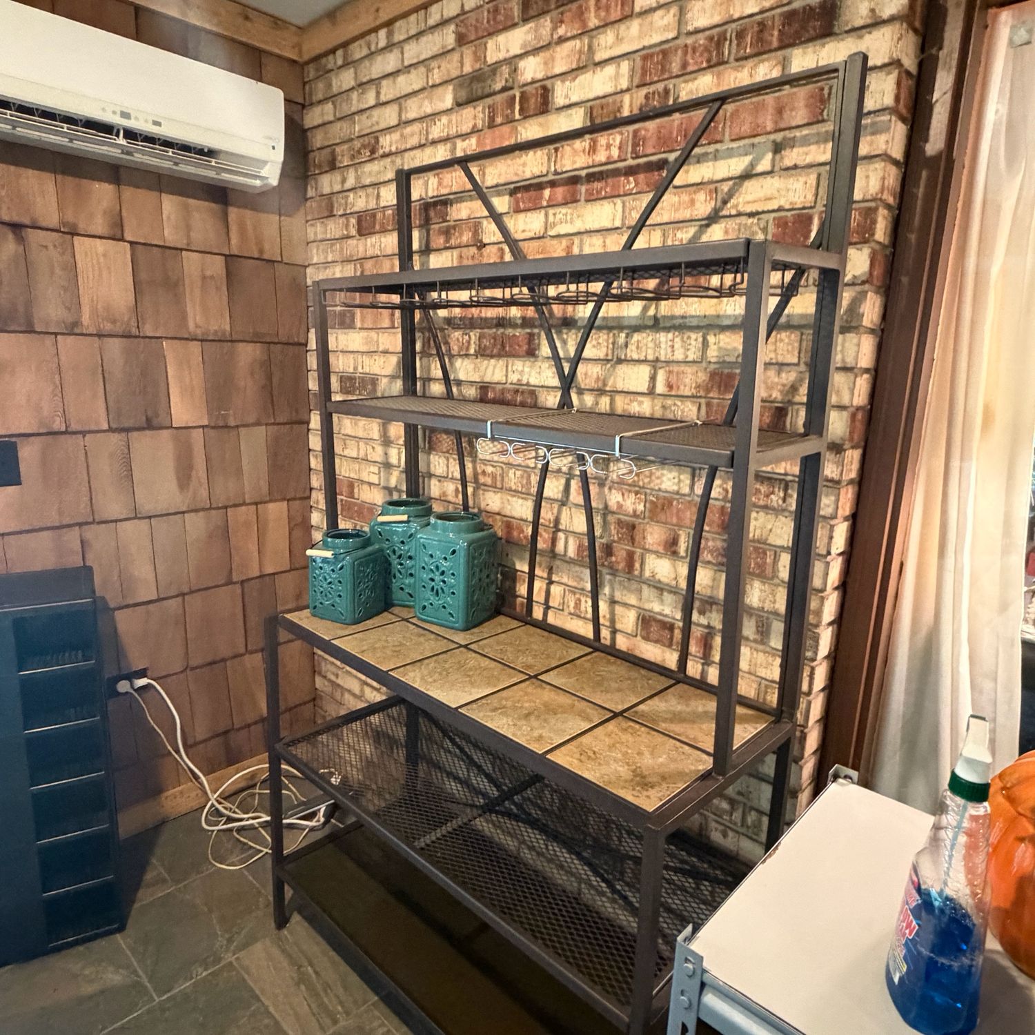 Tall metal kitchen stand with wine glass hangers, tiled, mesh, and glass shelves