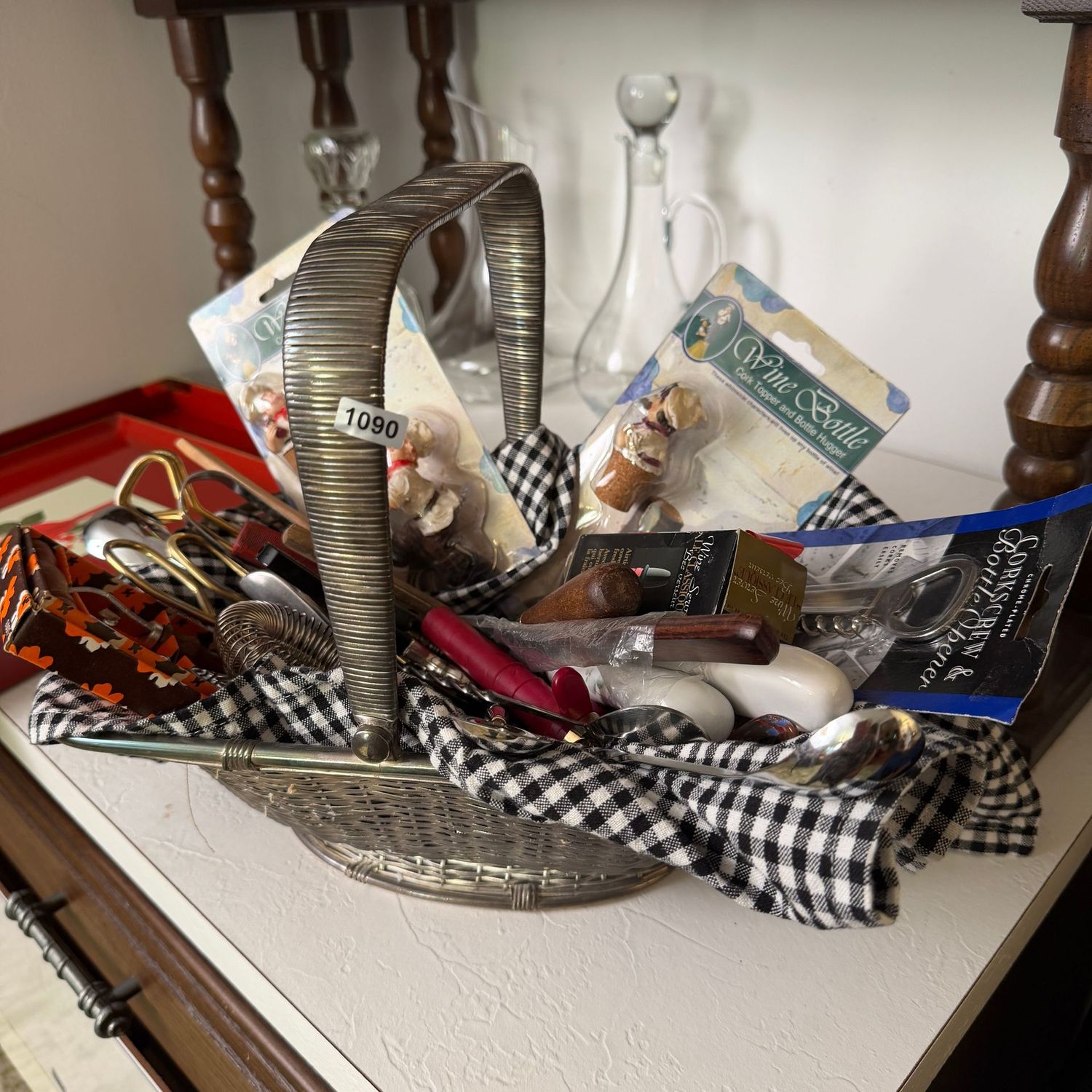 Barware in woven basket with silver finish, 12 Barware in woven basket with silver finish, 12"W, S1090