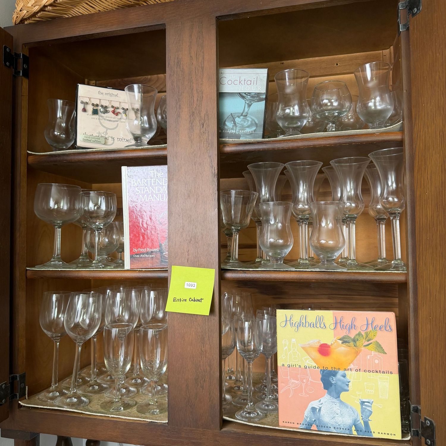 Highballs High Heels cabinet of small wine, brandy, cocktail, and cordial glasses with drink recipe books, S1093 Highballs High Heels cabinet of small wine, brandy, cocktail, and cordial glasses with drink recipe books, S1093