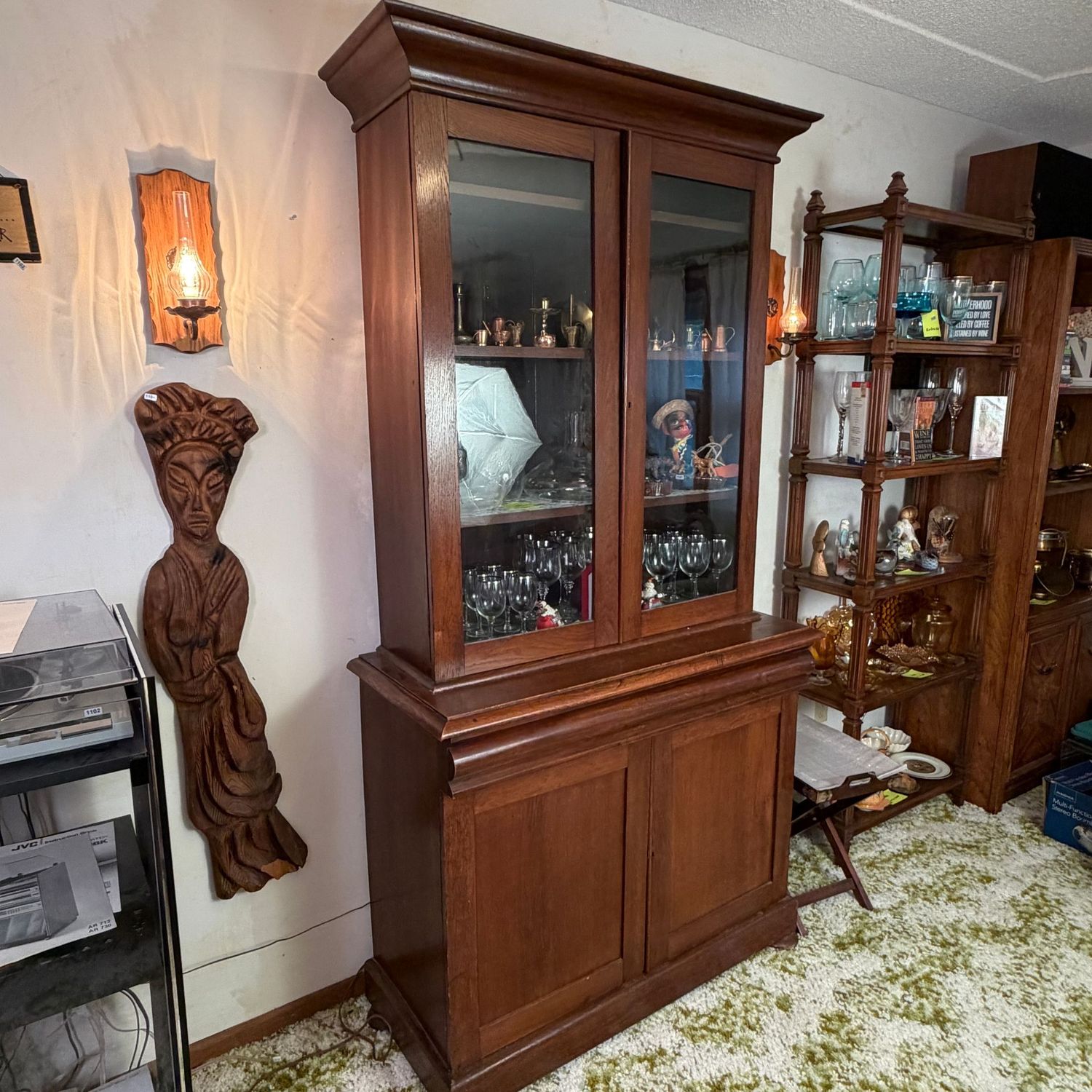 Early 20th c. tall cabinet, grand flared crown molding, glass cabinets with adjustable shelves above, secret drawer and storage below, two pieces, overall in very nice condition, 6'10 Early 20th c. tall cabinet, grand flared crown molding, glass cabinets with adjustable shelves above, secret drawer and storage below, two pieces, overall in very nice condition, 6'10"H x 19"D x 42"W