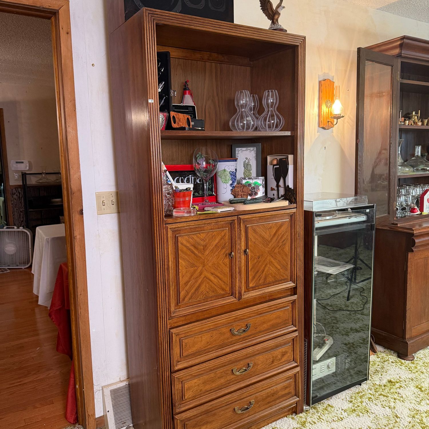 Thomasville one-piece solid wood shelf with drop-down desk, 3 lower drawers, very nice condition, heavy, 6'3 Thomasville one-piece solid wood shelf with drop-down desk, 3 lower drawers, very nice condition, heavy, 6'3"H x 16"D x 33"W, S1097