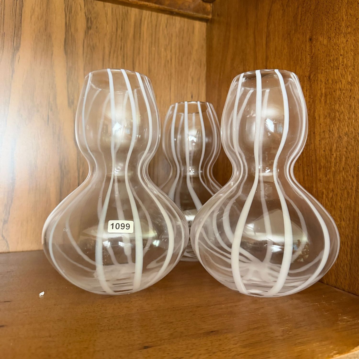 Trio of gourd-shaped clear and white glass vases, 8 Trio of gourd-shaped clear and white glass vases, 8"H, S1099