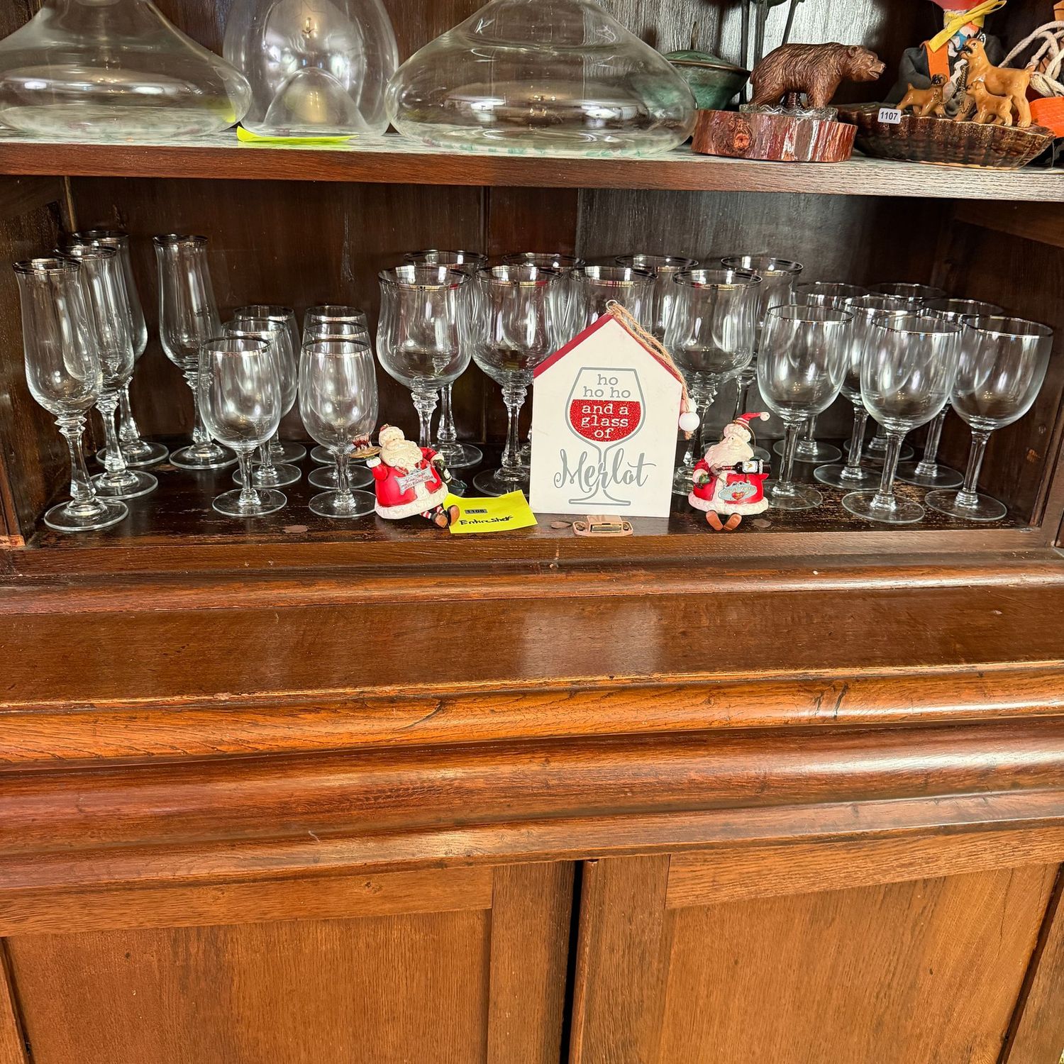 Ho Ho Ho and a glass of Merlot, entire shelf of stemware with silver rim, santa ornaments, wood plaque, S1108 Ho Ho Ho and a glass of Merlot, entire shelf of stemware with silver rim, santa ornaments, wood plaque, S1108