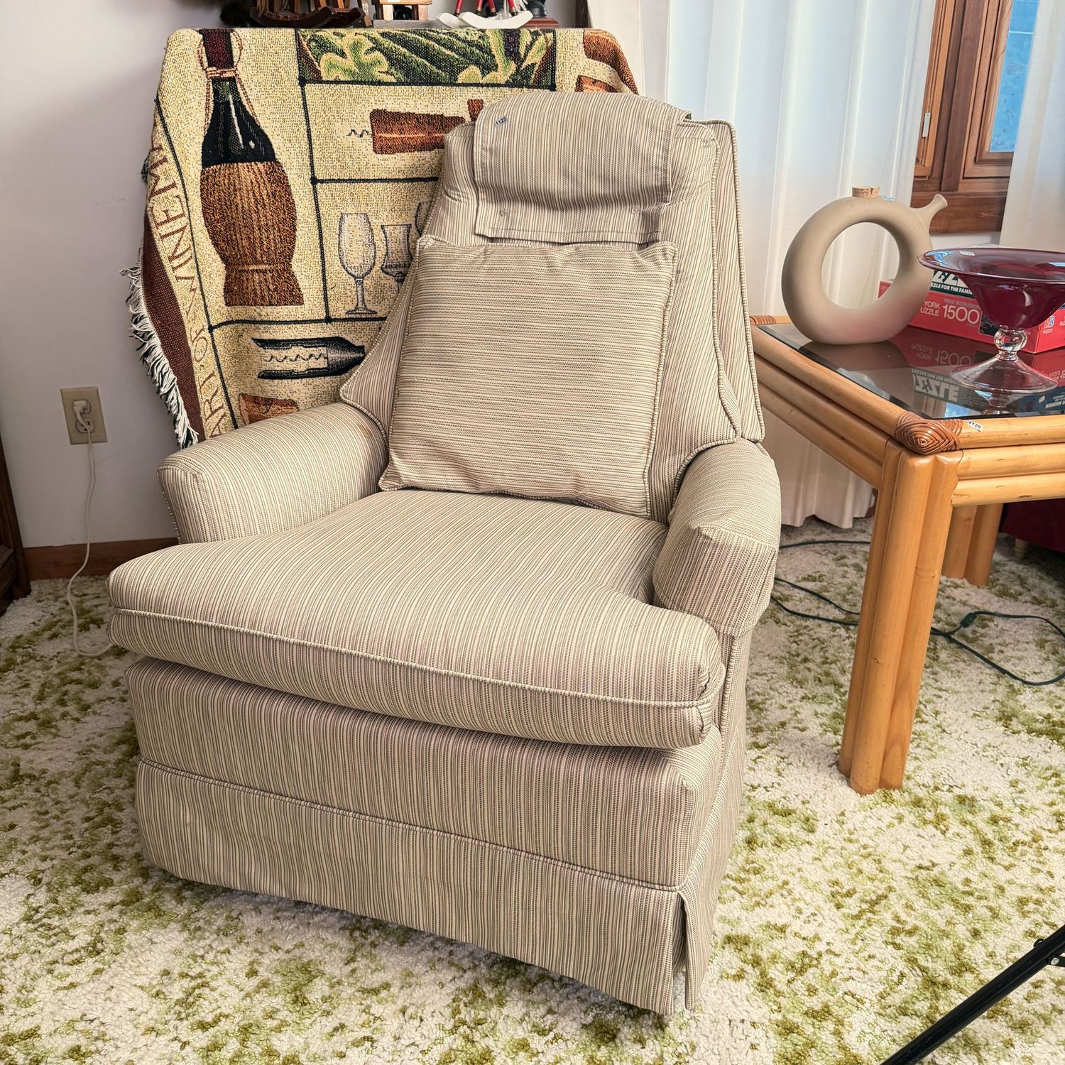 Vintage cream striped chair, tapered, tufted back, minor cleanable spot on arm (see photo) swivels and rocks, 35 Vintage cream striped chair, tapered, tufted back, minor cleanable spot on arm (see photo) swivels and rocks, 35"H x 29"W, S1123
