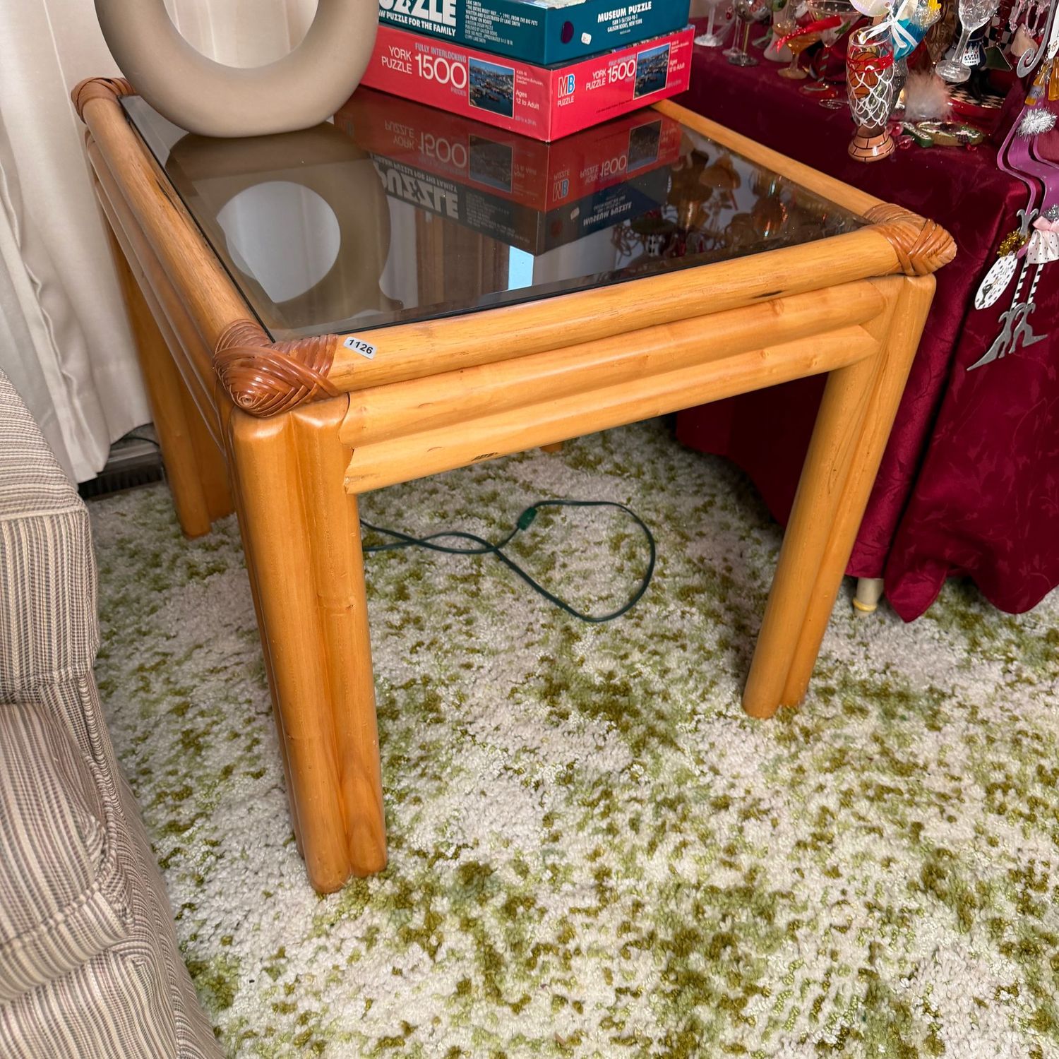 Vintage glass-top side table features a sturdy natural bamboo-cane frame, inset glass top, nice condition, 21 Vintage glass-top side table features a sturdy natural bamboo-cane frame, inset glass top, nice condition, 21"H x 22"W x 28"L, S1126