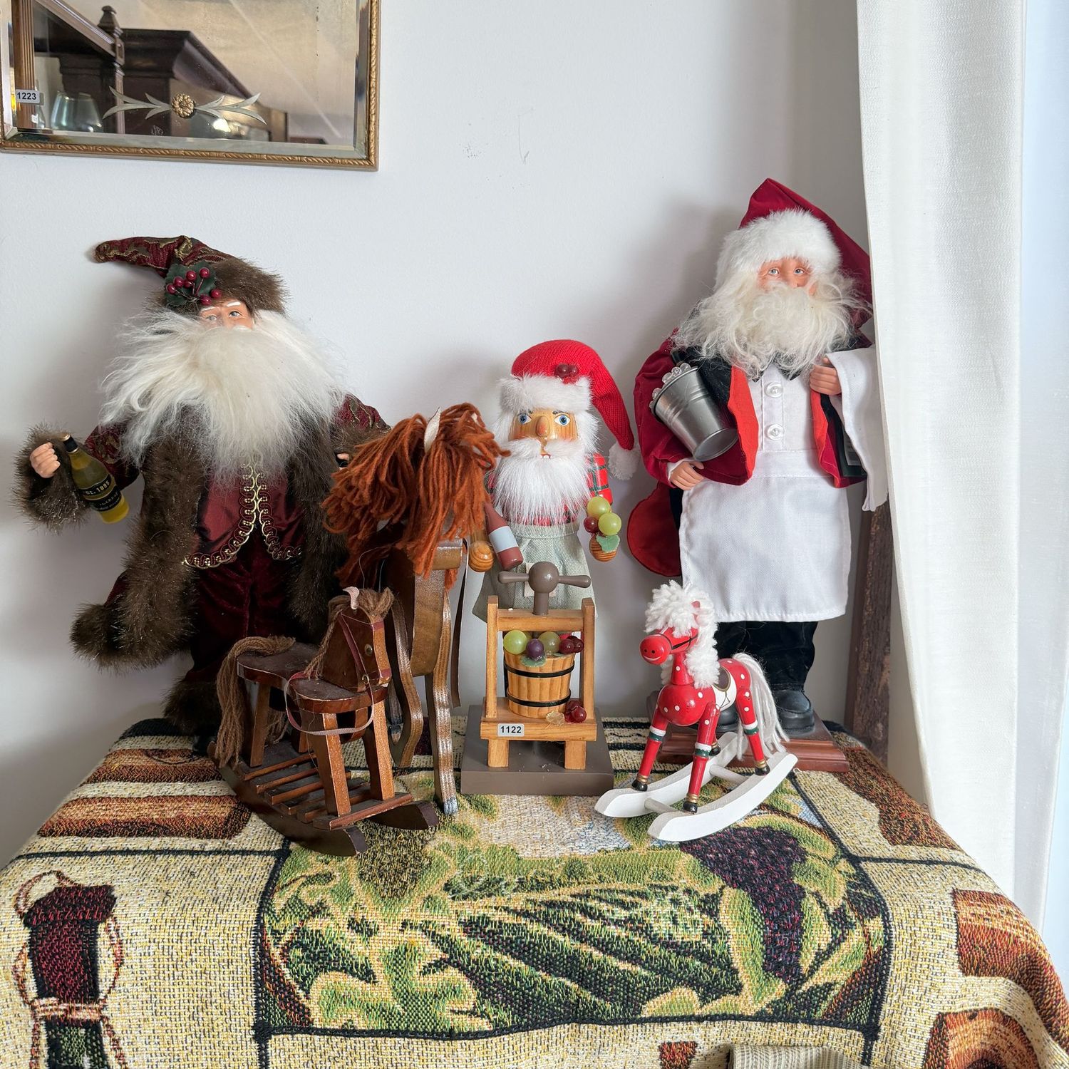 Christmas wine-themed collection of wooden rocking horses, Santas, the tallest is 17 Christmas wine-themed collection of wooden rocking horses, Santas, the tallest is 17"H, S1122