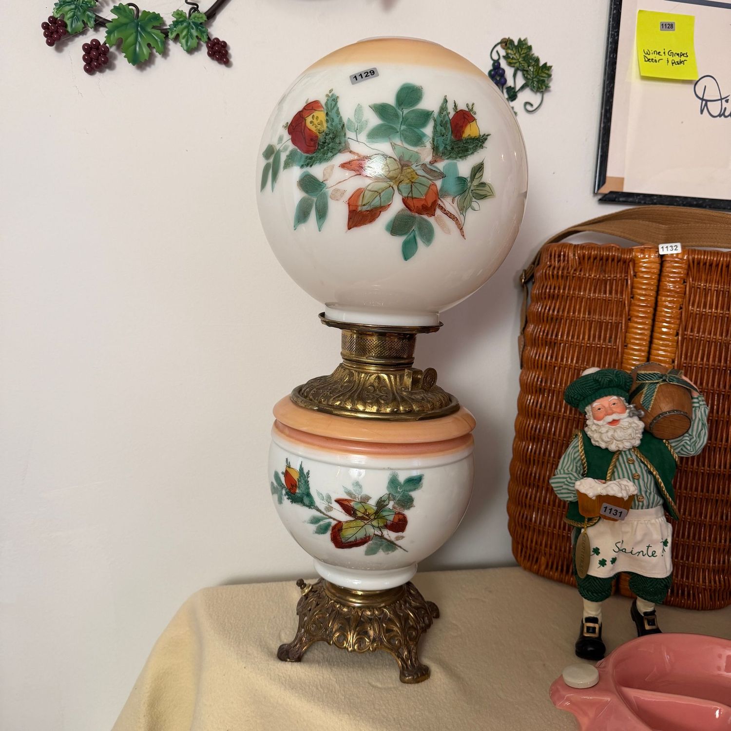Parlor lamp with globe, converted to electric, one chimney prong missing, no clear chimney, appears in good condition otherwise, 20 Parlor lamp with globe, converted to electric, one chimney prong missing, no clear chimney, appears in good condition otherwise, 20"H, S1129