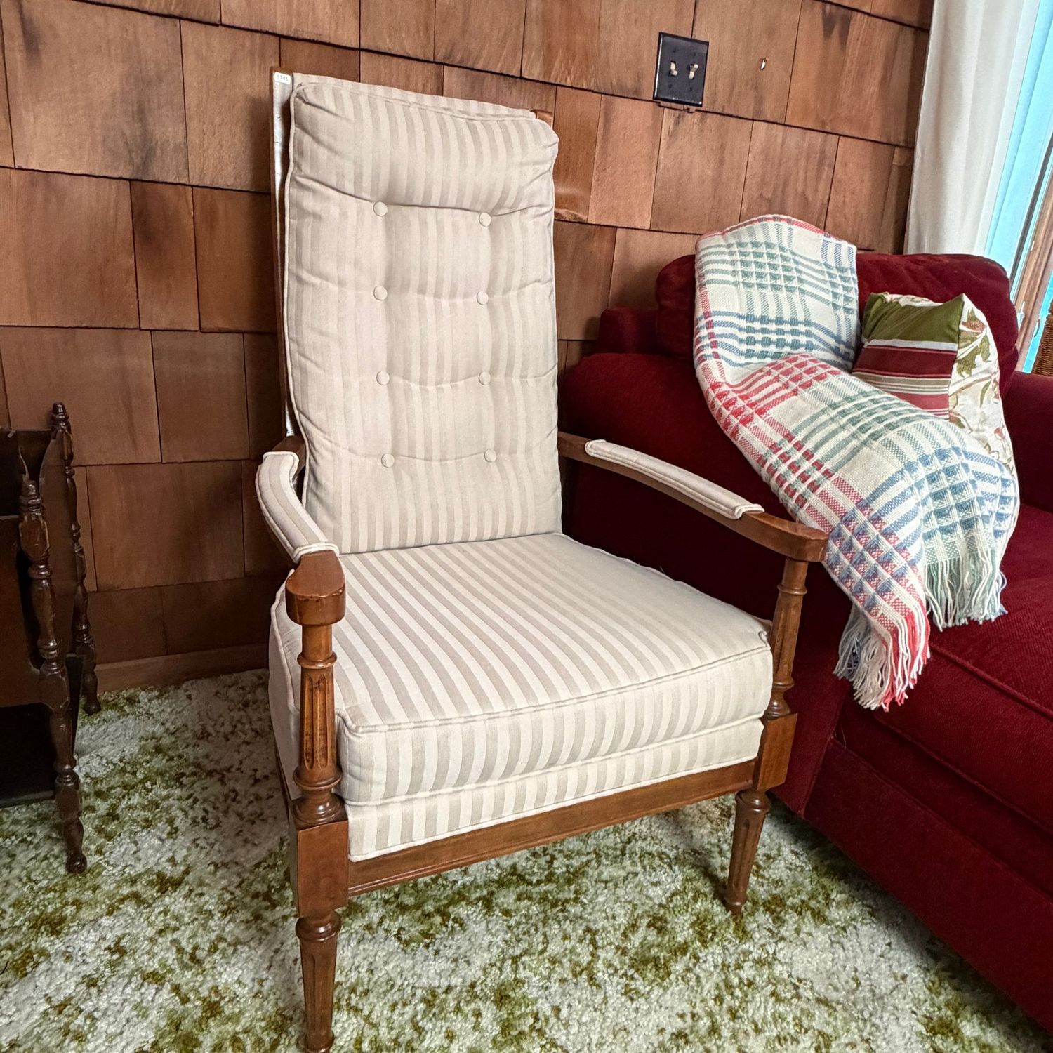 Ivory-striped armchair, likely Thomasville or Henredon, tufted seatback, minor tear to piping on one armrest (see photo), 41 Ivory-striped armchair, likely Thomasville or Henredon, tufted seatback, minor tear to piping on one armrest (see photo), 41"H x 24"D x 24"W, S1145