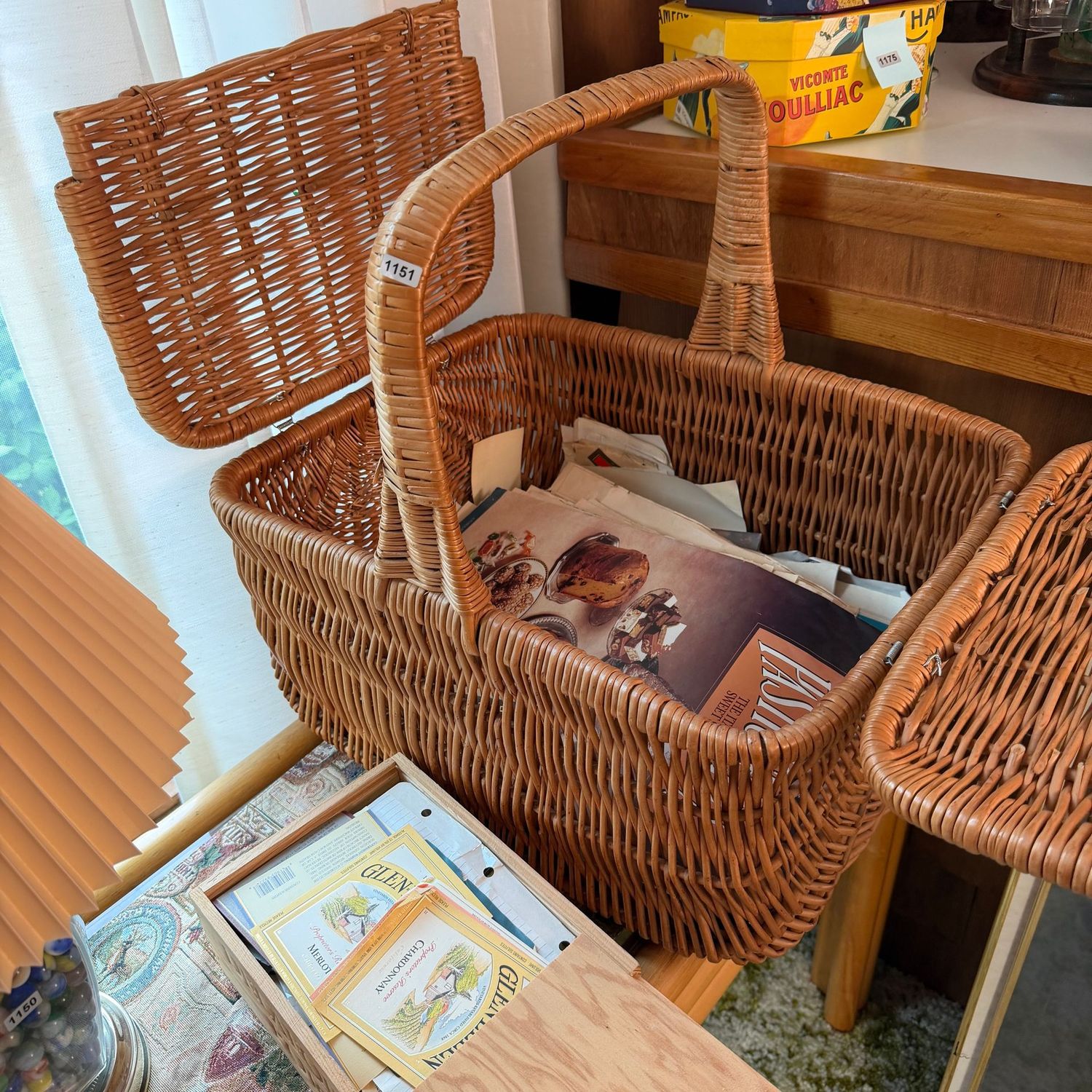 Oversized picnic basket, filled with wine bottle labels and wine ephemera, 19 Oversized picnic basket, filled with wine bottle labels and wine ephemera, 19"L, S1151