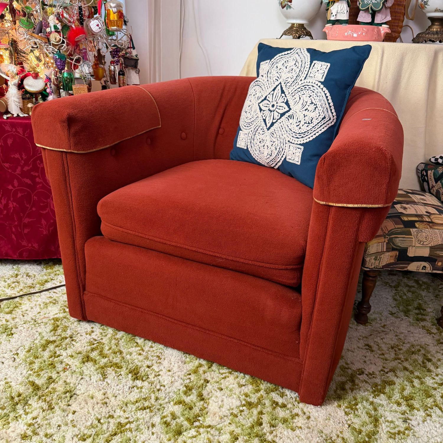 Vintage terracotta red deep armchair, soft fabric, good condition with minimal wear, heavy, 27 Vintage terracotta red deep armchair, soft fabric, good condition with minimal wear, heavy, 27"H x 33"D x 35"W, S1127