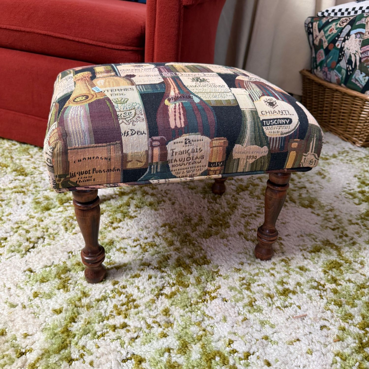 Wine bottle upholstered footstool, 12 Wine bottle upholstered footstool, 12"H x 16"L, S1134