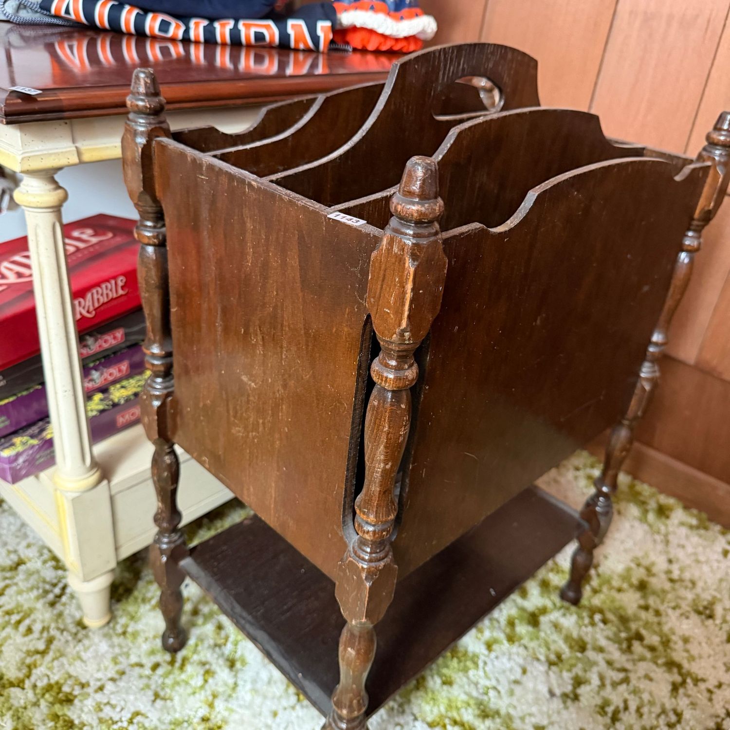 Mahogany magazine stand, ready for refurbishing, some veneer damage, see photos, 22 Mahogany magazine stand, ready for refurbishing, some veneer damage, see photos, 22"H x 15"W, S1143