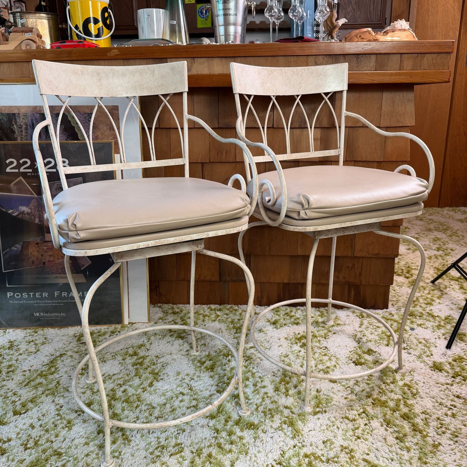 Pair of vintage Timmerman swivel-seat, marbled powder-coated iron barstools, very nice condition, 34 Pair of vintage Timmerman swivel-seat, marbled powder-coated iron barstools, very nice condition, 34"H x 19"W