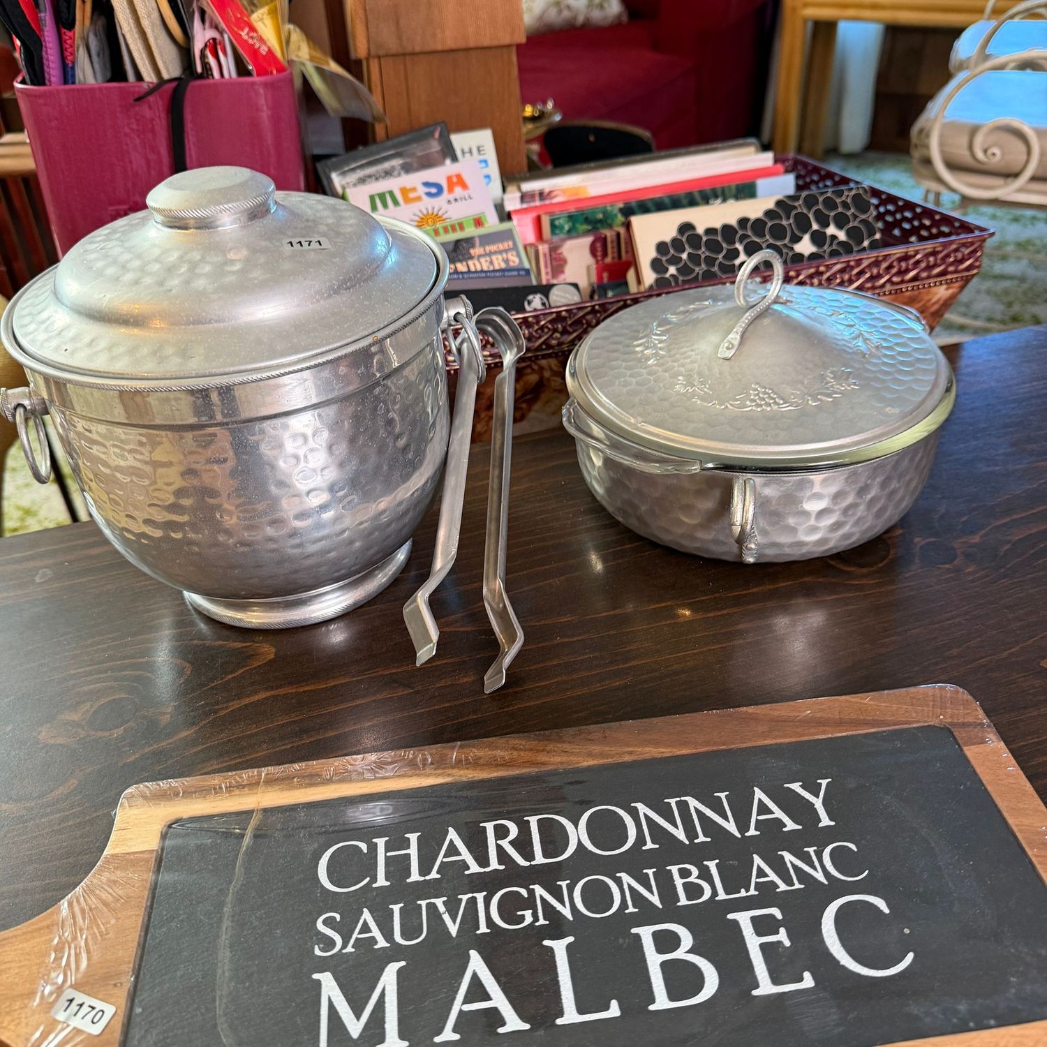 Hammered aluminum ice bucket and casserole, S1171 Hammered aluminum ice bucket and casserole, S1171